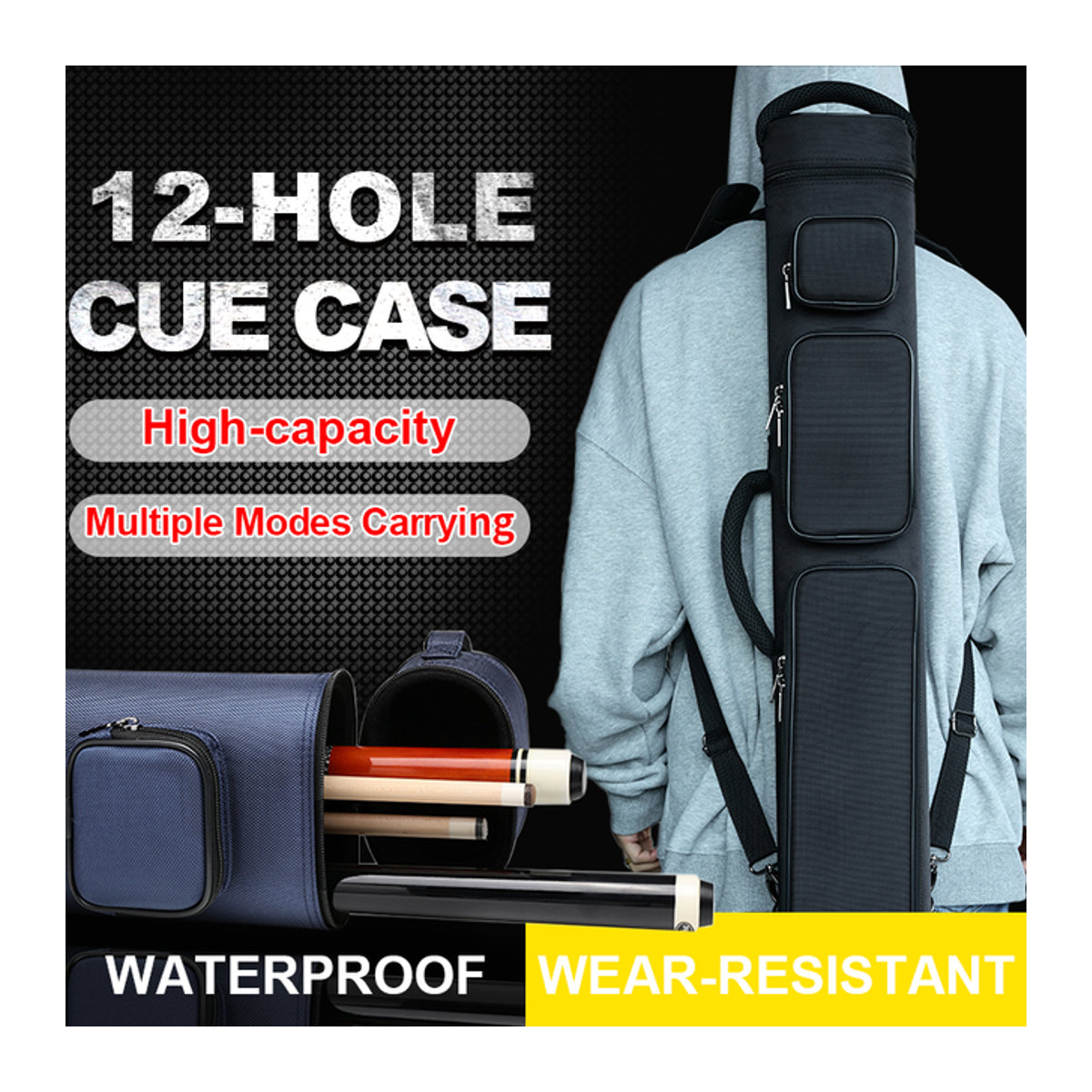 TROUFY Billard-Queue-Koffer aus Polyester in Schwarz-Lila mit Platz für 12 Löcher, 4 Stränge und 8 Wellen - Bild 1