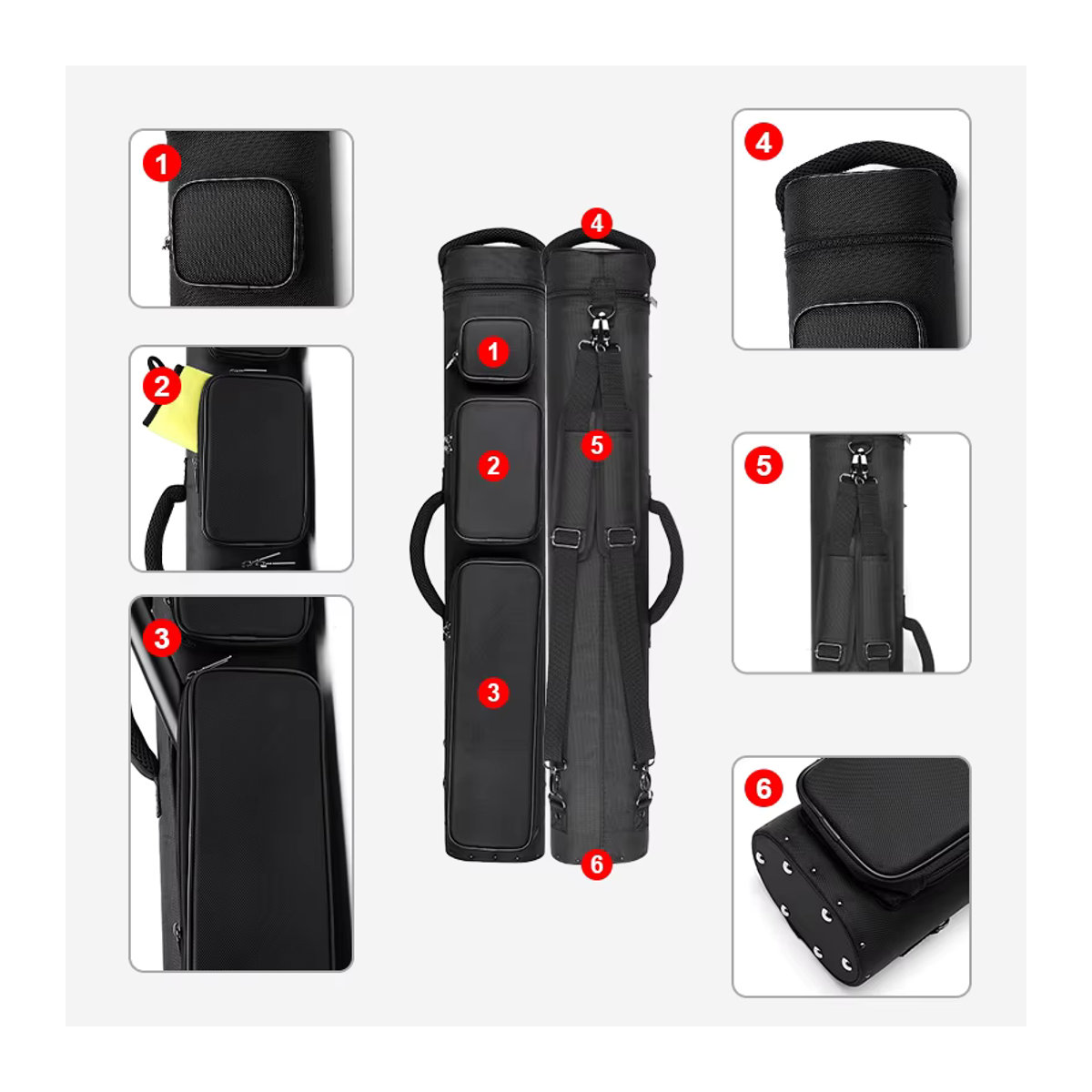 TROUFY Billard-Queue-Koffer aus Polyester in Schwarz-Lila mit Platz für 12 Löcher, 4 Stränge und 8 Wellen - Bild 4