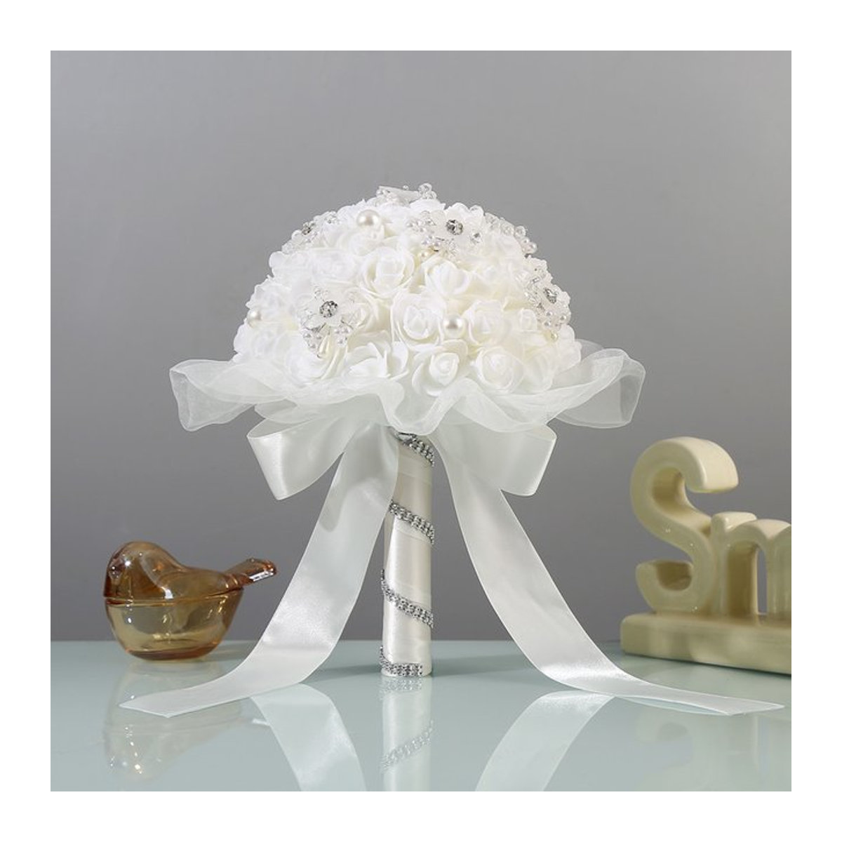 TRUE LOVE GIFT Künstlicher Brautstrauß mit weißen Rosen aus Textil für Hochzeiten und Partys - Bild 1