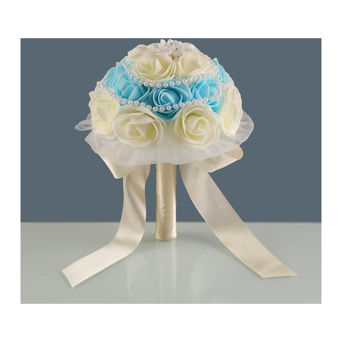 TRUE LOVE GIFT Künstlicher Rosenstrauß aus Textil in Beige und Weiß für Hochzeiten und Valentinstag - Bild 1