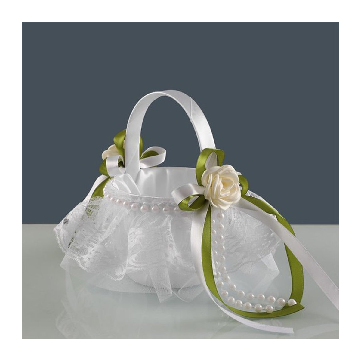 TRUE LOVE GIFT Satin-Hochzeitsblumenkorb für Blumenmädchen in Grün und Weiß, rund und minimalistisch gestaltet - Bild 1