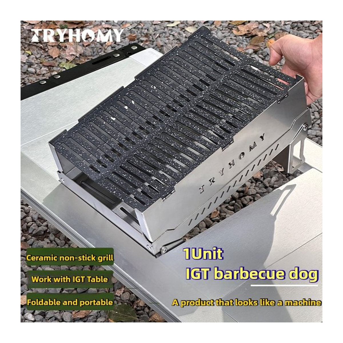 Tryhomy IGT Grillofen aus Edelstahl für Holzkohle mit antihaftbeschichtetem Grillnetz für Outdoor und Camping - Bild 1