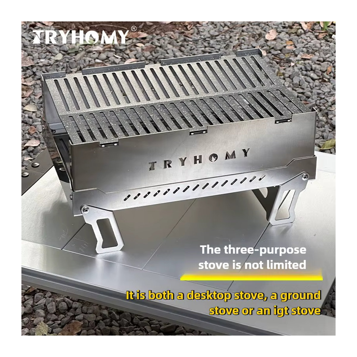Tryhomy IGT Grillofen aus Edelstahl für Holzkohle mit antihaftbeschichtetem Grillnetz für Outdoor und Camping - Bild 5