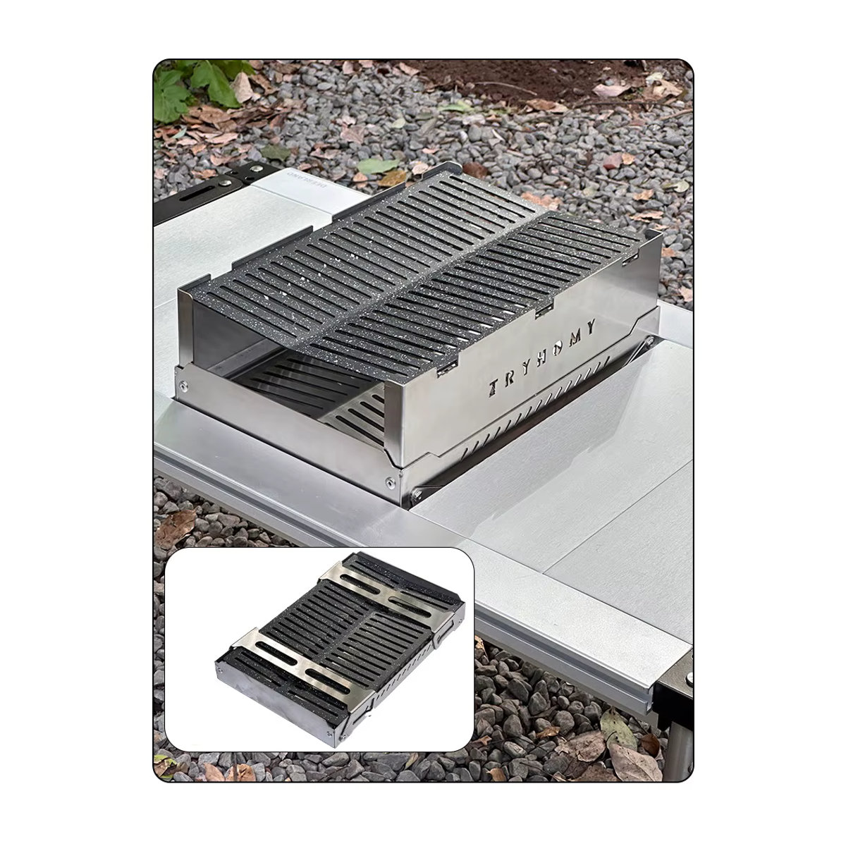 Tryhomy IGT Grillofen aus Edelstahl für Holzkohle mit antihaftbeschichtetem Grillnetz für Outdoor und Camping - Bild 7