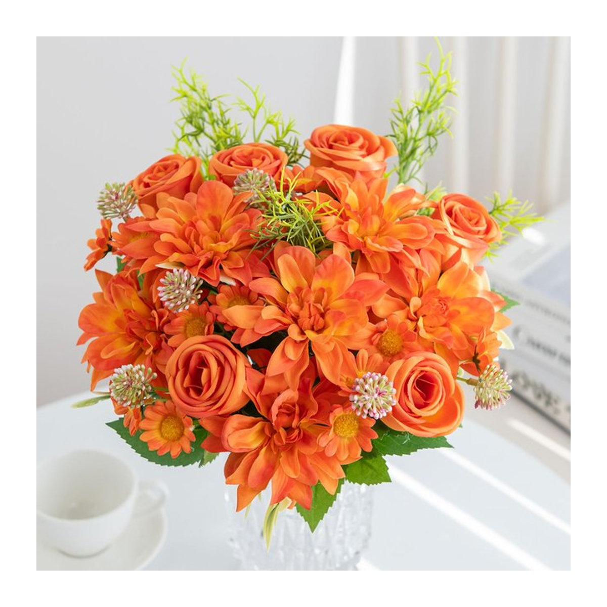 TTCY Künstliche Dahlien und Rosen in Orange als Seiden-Blumenstrauß für Hochzeit, Valentinstag und DIY-Dekoration - Bild 1