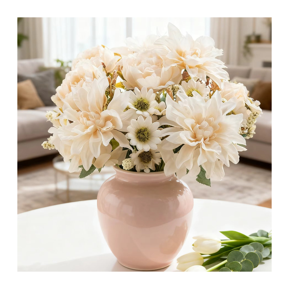 TTCY Künstliche Dahlien und Rosen in Weiß als Florales Bouquet für Hochzeit und Dekoration - Bild 1