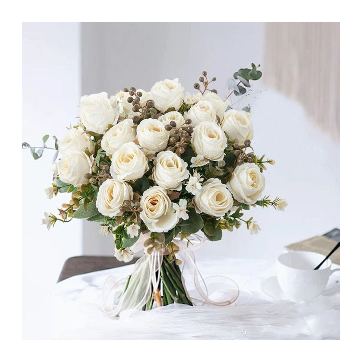 TTCY Künstliche Seidenrosen in Weiß als Einzelstiel für Hochzeit, Brautstrauß und Tischdekoration - Bild 1
