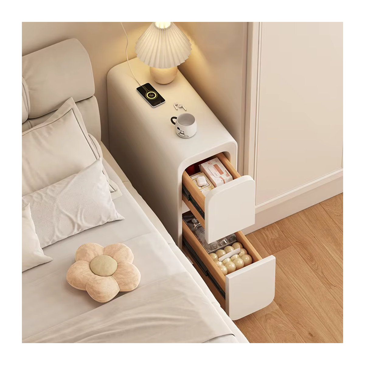 TUOWEI Nachttisch aus massivem Holz mit 2 Schubladen in Beige oder Weiß, minimalistischer Aufbewahrungsschrank für dein Schlafzimmer, B/T/H: 40 x 50 x 50 cm - Bild 2