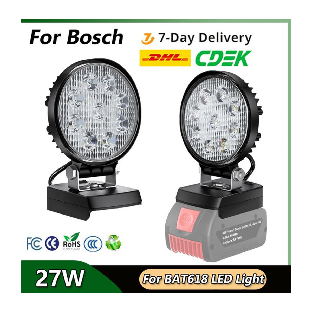 Turpow 27W LED Arbeitslicht Comblity für Bosch BAT618 Li-Ion Akku 18V als LED Taschenlampe und Flutlicht - Bild 1