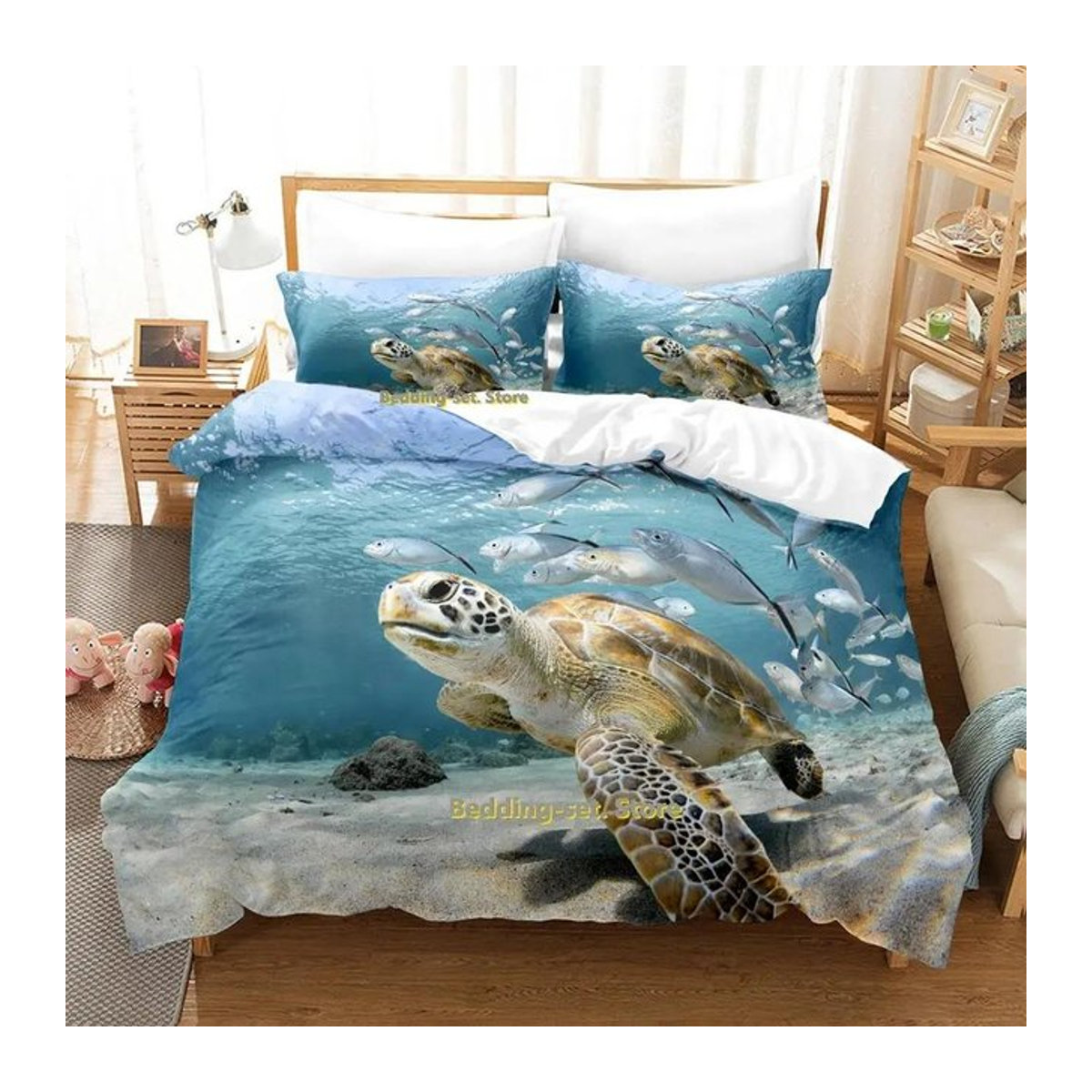 Turtle Island Bettwäsche-Set mit 3D-Schildkröten-Motiv in Blau, dreiteiliges Cartoon Anime Design für Erwachsene und Kinder, B/H: 173 x 218 cm - Bild 1
