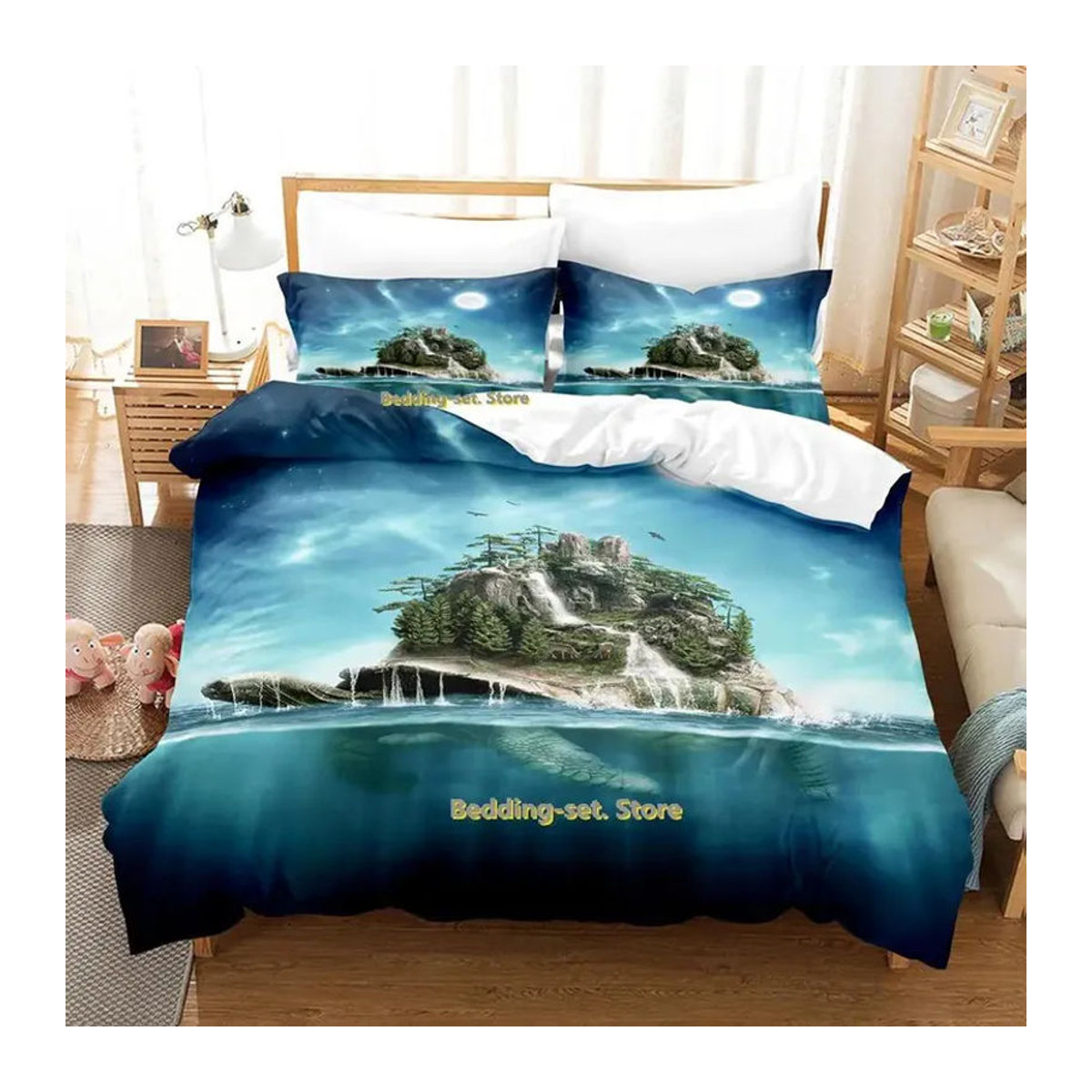 Turtle Island Bettwäsche-Set mit 3D-Schildkröten-Motiv in Blau, dreiteiliges Cartoon Anime Design für Erwachsene und Kinder, B/H: 173 x 218 cm - Bild 2