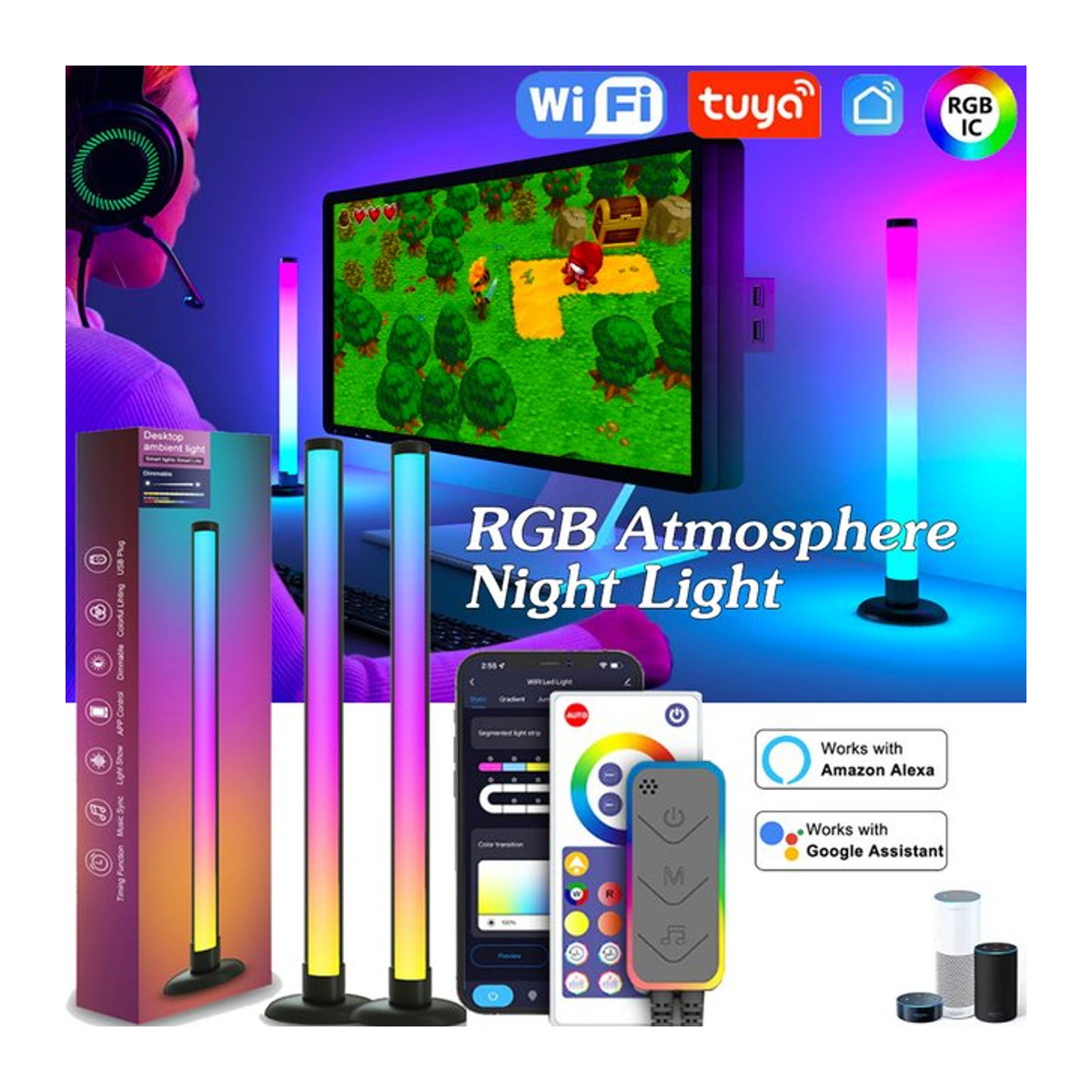 Tuya RGB LED Musik Rhythmus Atmosphäre Nachtlicht mit App- und Bluetooth-Steuerung, Bunt, Modern - Bild 1