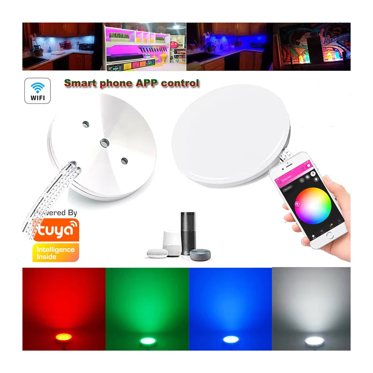 Tuya RGB LED Unterbauleuchte Rund für Küche und Schrank mit Farbwechsel und Dimmen, Wifi Steuerung via Google Alexa und Echo, Bunt - Bild 2