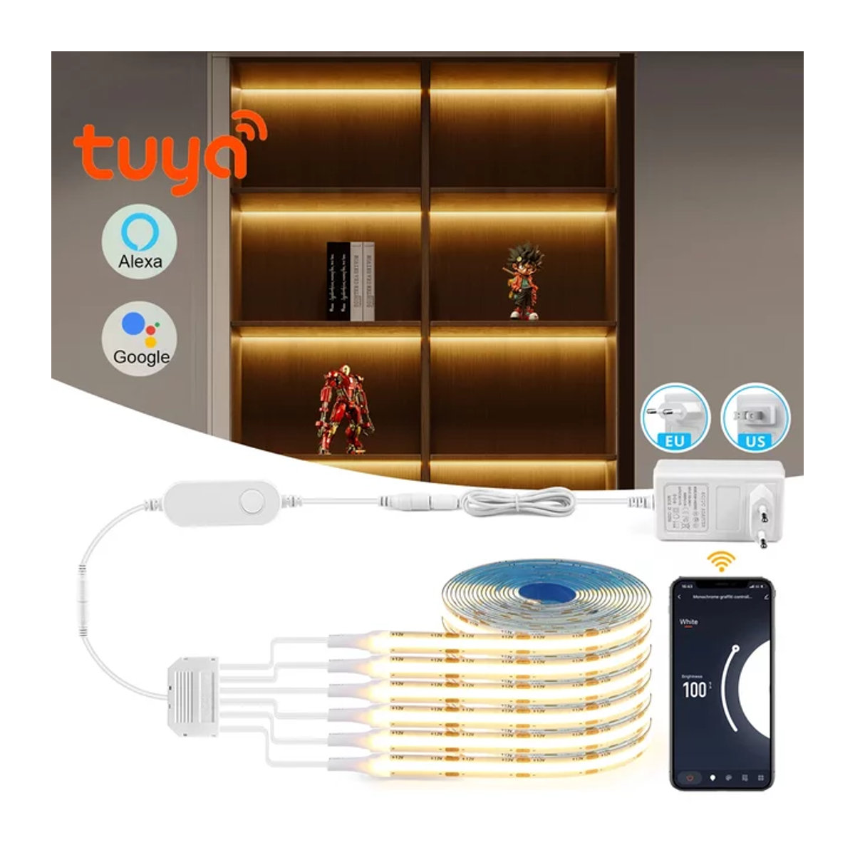 TUYA Smart COB LED Gruppenbeleuchtungsset für Schrankvitrinen und Möbelbeleuchtung, Warmweiß, Weiß, kompatibel mit Alexa Echo Plus und Google Assistant via App-Sprachsteuerung - Bild 1