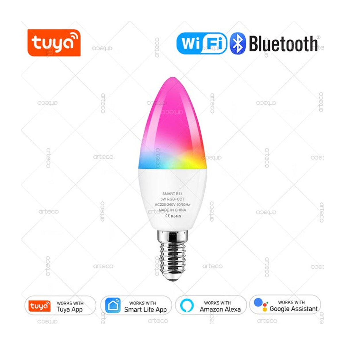 Tuya Smart E14 Kerzenlampe RGB+CW LED-Glühbirne mit App-Steuerung via WiFi oder Bluetooth, dimmbar, bunt - Bild 1