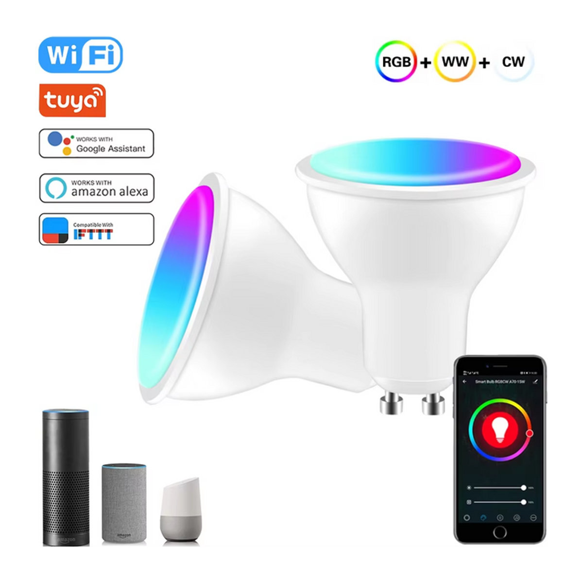 Tuya Smart GU10 LED-Glühbirne RGB mit 8 W und Sprachsteuerung über Smart Life App, Google Home und Alexa, Farbe: Bunt - Bild 1