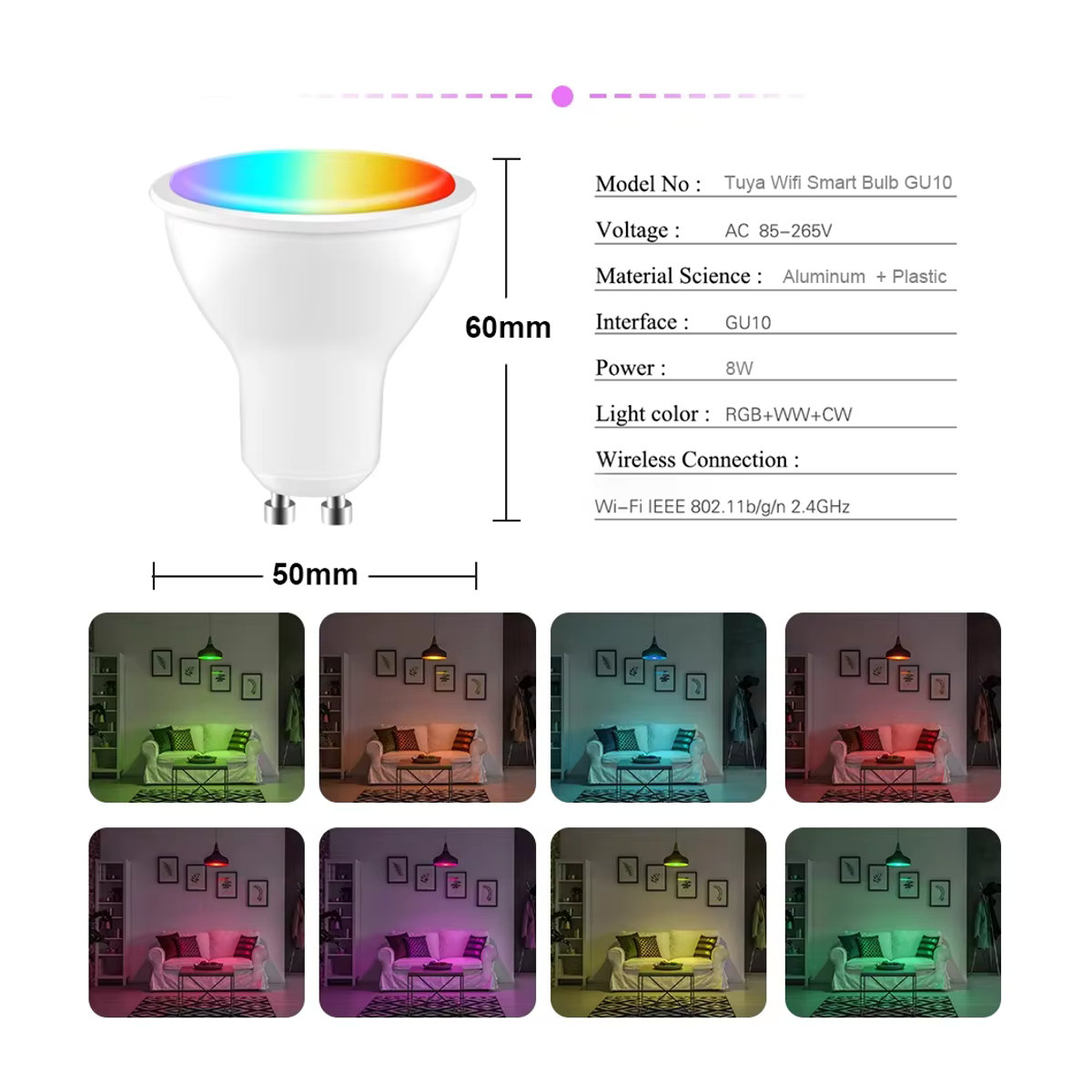 Tuya Smart GU10 LED-Glühbirne RGB mit 8 W und Sprachsteuerung über Smart Life App, Google Home und Alexa, Farbe: Bunt - Bild 2