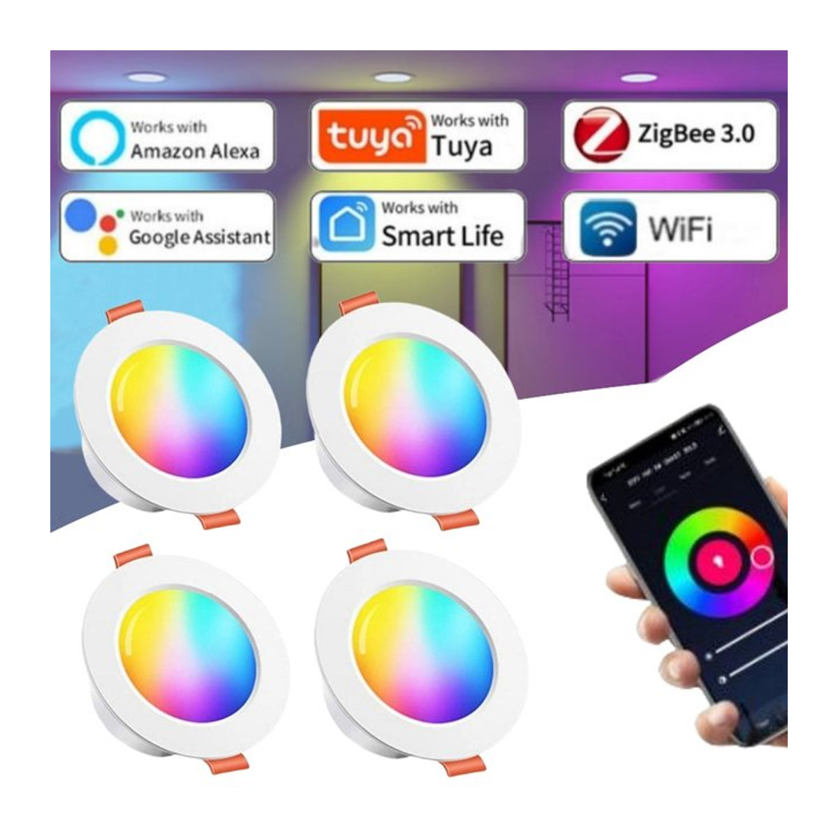 Tuya Smart LED Einbaustrahler RGB Dimmbar mit WiFi und ZigBee App-Steuerung für Alexa und Google Home, Weiß/Bunt, Aluminium - Bild 1