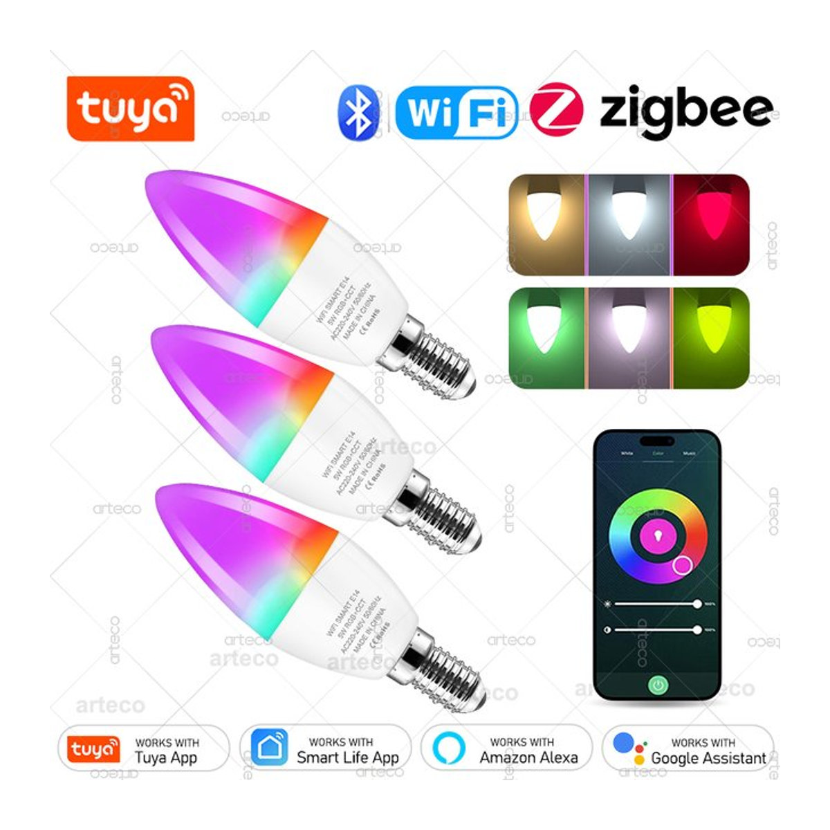 Tuya Smart LED Glühbirne E14 RGB Kerzenlampe mit Bluetooth WiFi Zigbee, dimmbar, 2700-6500K, kompatibel mit Smart Life App, Alexa und Google Home, Farbe: Bunt - Bild 1