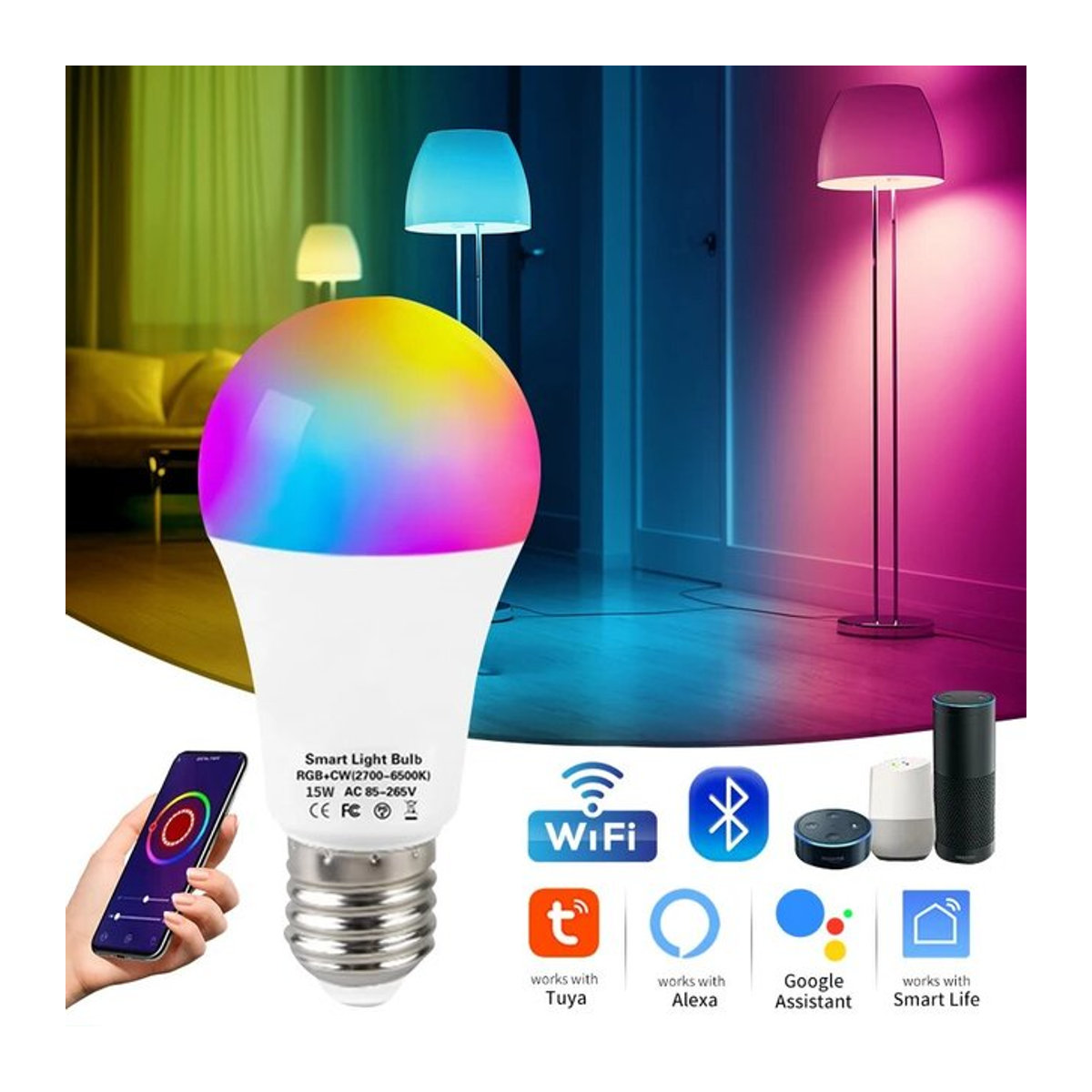 Tuya Smart LED Glühbirne E27 RGB 15W mit Bluetooth und WiFi App-Steuerung sowie Sprachsteuerung für Alexa, Google Home und Alice - Bild 1
