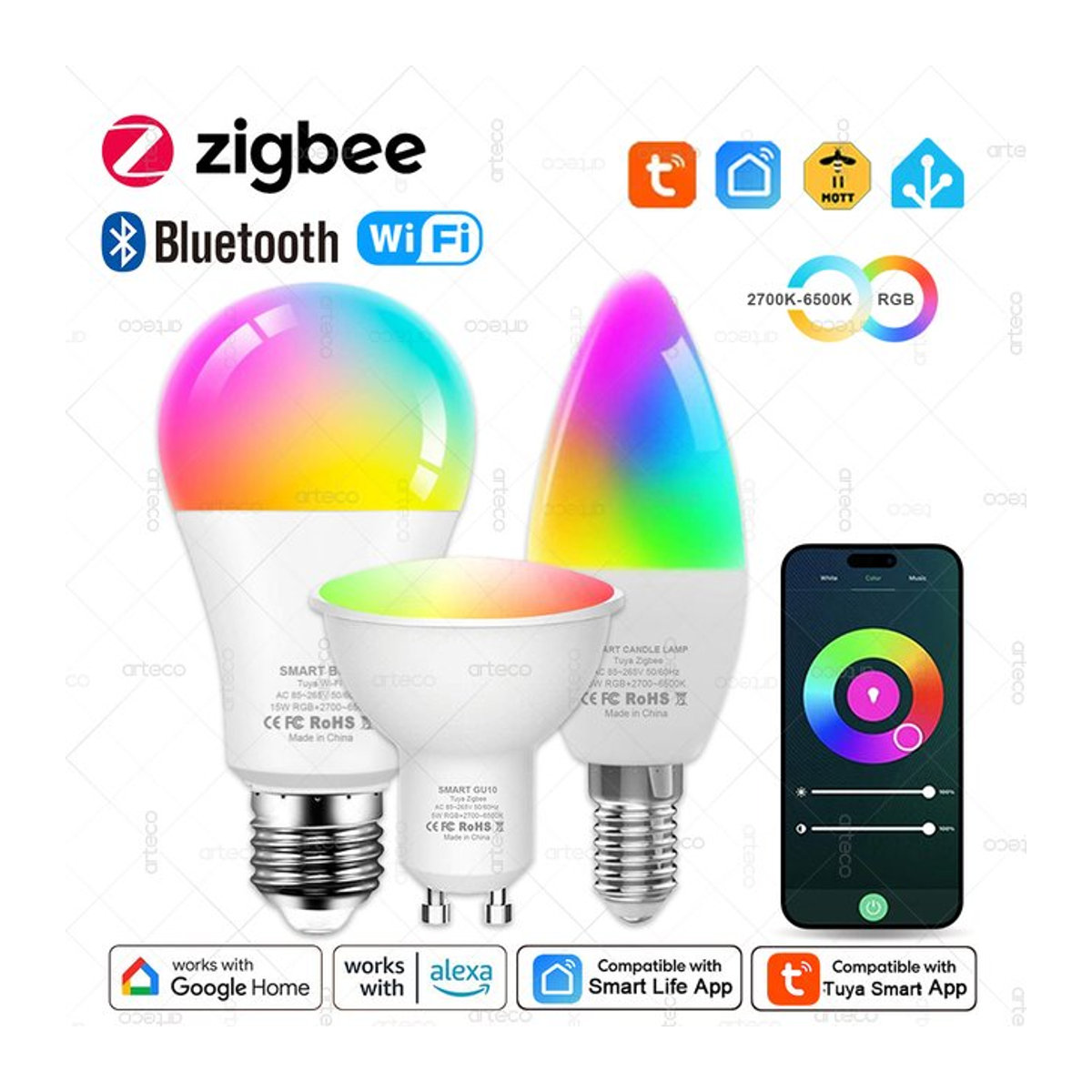 Tuya Smart LED Glühbirne mit WiFi, Zigbee und Bluetooth, dimmbare RGBCW Lampe für E27, GU10 und E14, kompatibel mit Alexa und Google Home - Bild 1