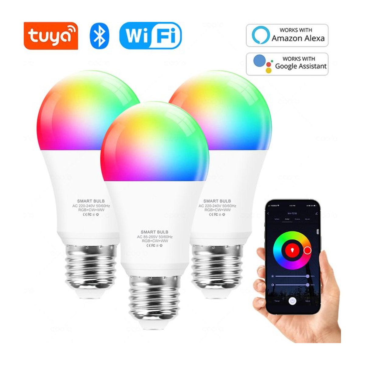 Tuya Smart LED-Lampe E27 mit 15W RGB CW WW, Wifi und Bluetooth, kompatibel mit Alexa, Google Home und Smart Life, Farbe: Bunt - Bild 1