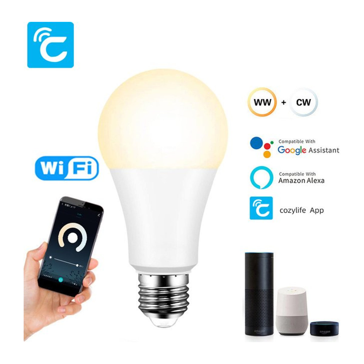 Tuya Smart LED RGB Glühbirne E27 mit Wifi für Google Alexa und Alice Sprachsteuerung, Warmweiß und Kaltweiß sowie Buntfarben - Bild 1
