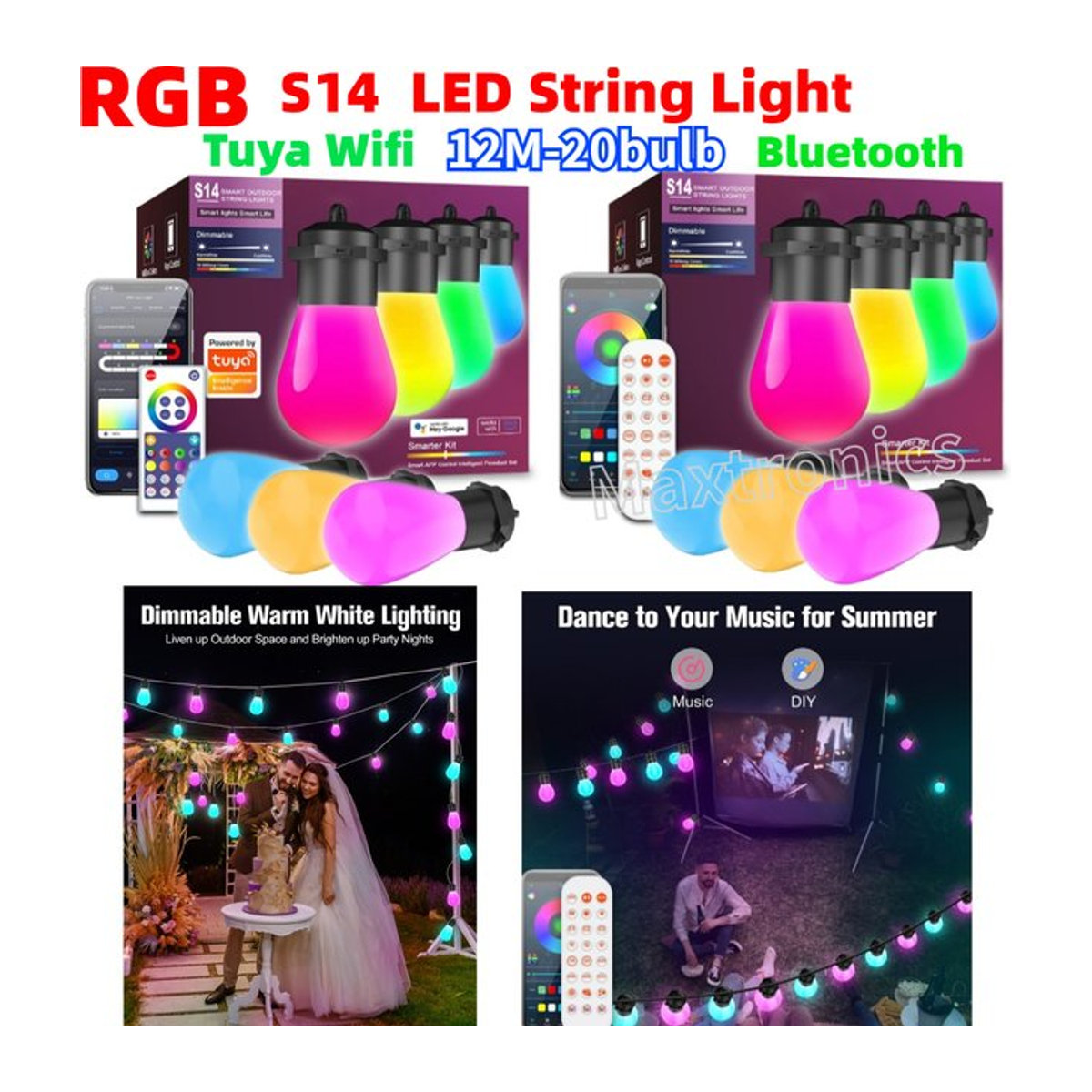 Tuya Smart LED String Light S14 mit 20 Lampen, 12m WIFI Bluetooth App Steuerung, IP67 wetterfest, Bunt - Bild 1