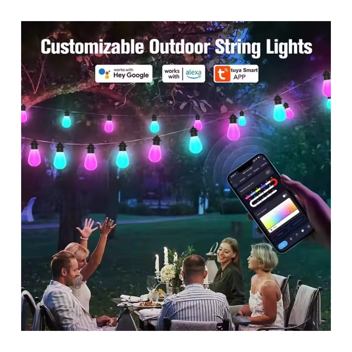 Tuya Smart LED String Light S14 mit 20 Lampen, 12m WIFI Bluetooth App Steuerung, IP67 wetterfest, Bunt - Bild 3