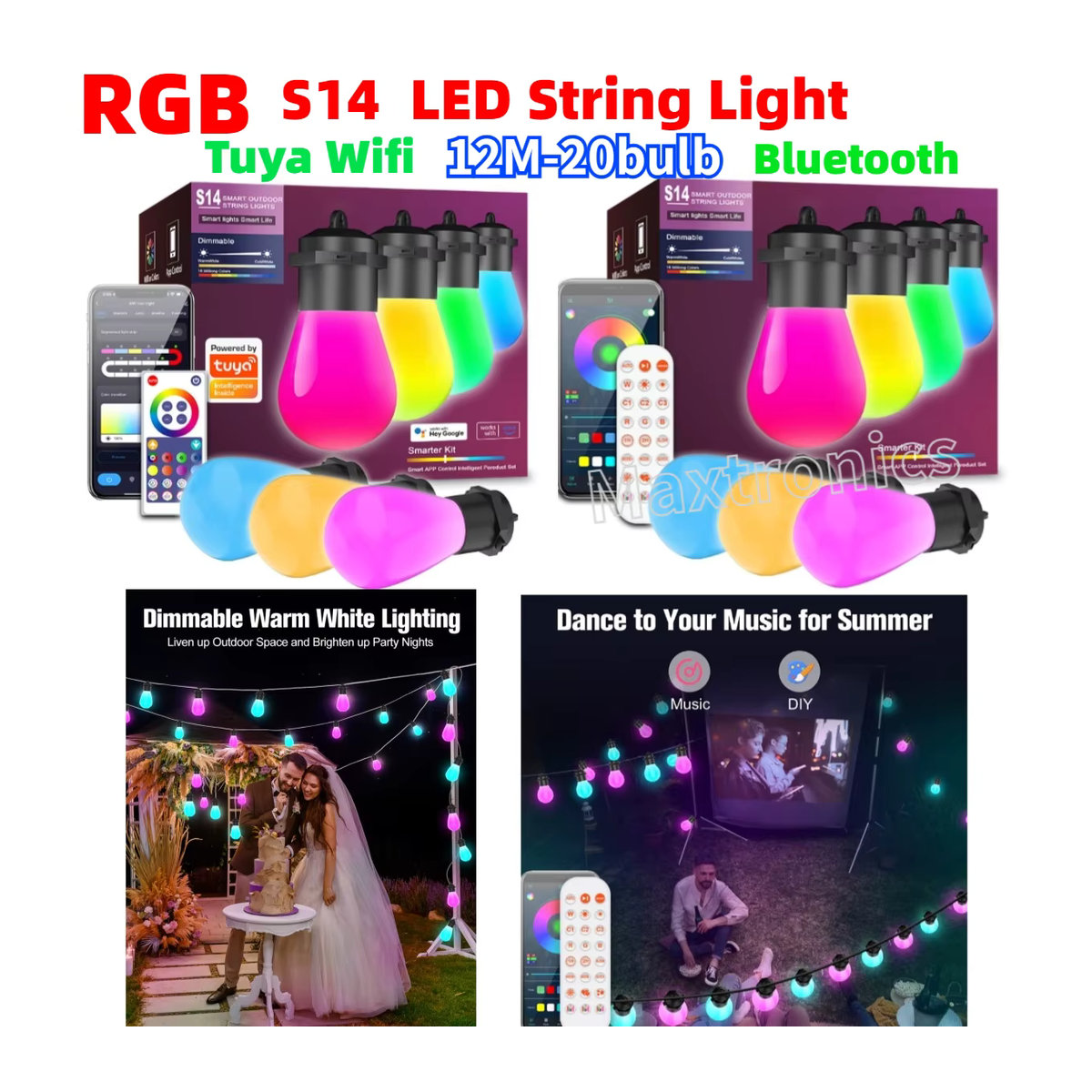 Tuya Smart LED String Light S14 mit 20 Lampen, 12m WIFI Bluetooth App Steuerung, IP67 wetterfest, Bunt - Bild 5