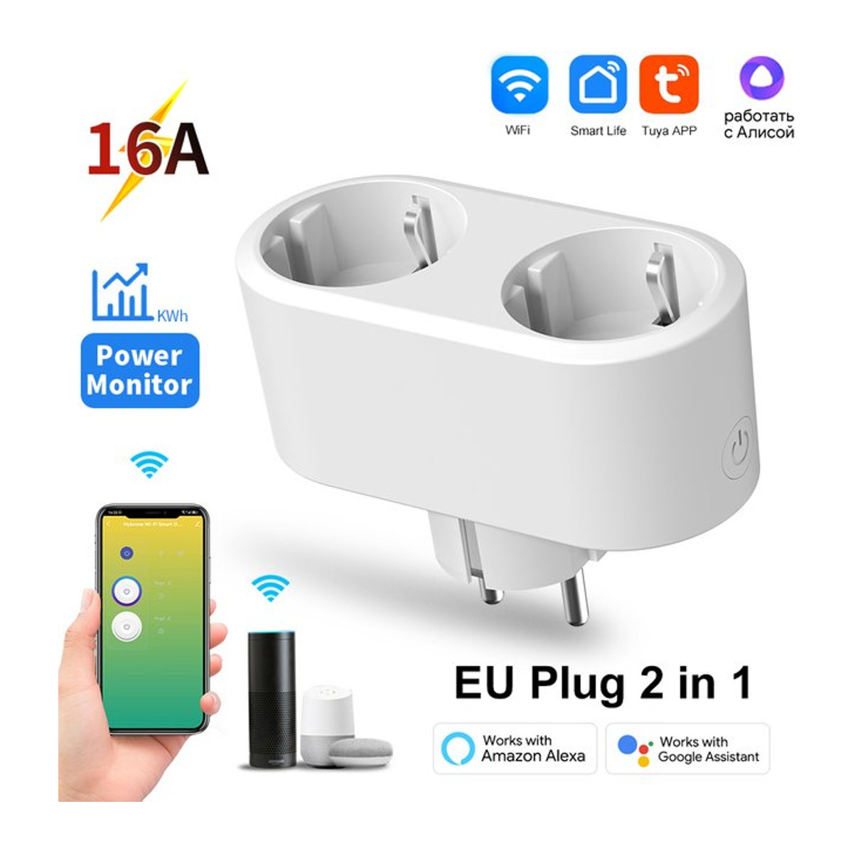 Tuya Smart Plug 2-in-1 WiFi Doppelsteckdose mit Energiemessung und Timer in Weiß - Bild 1