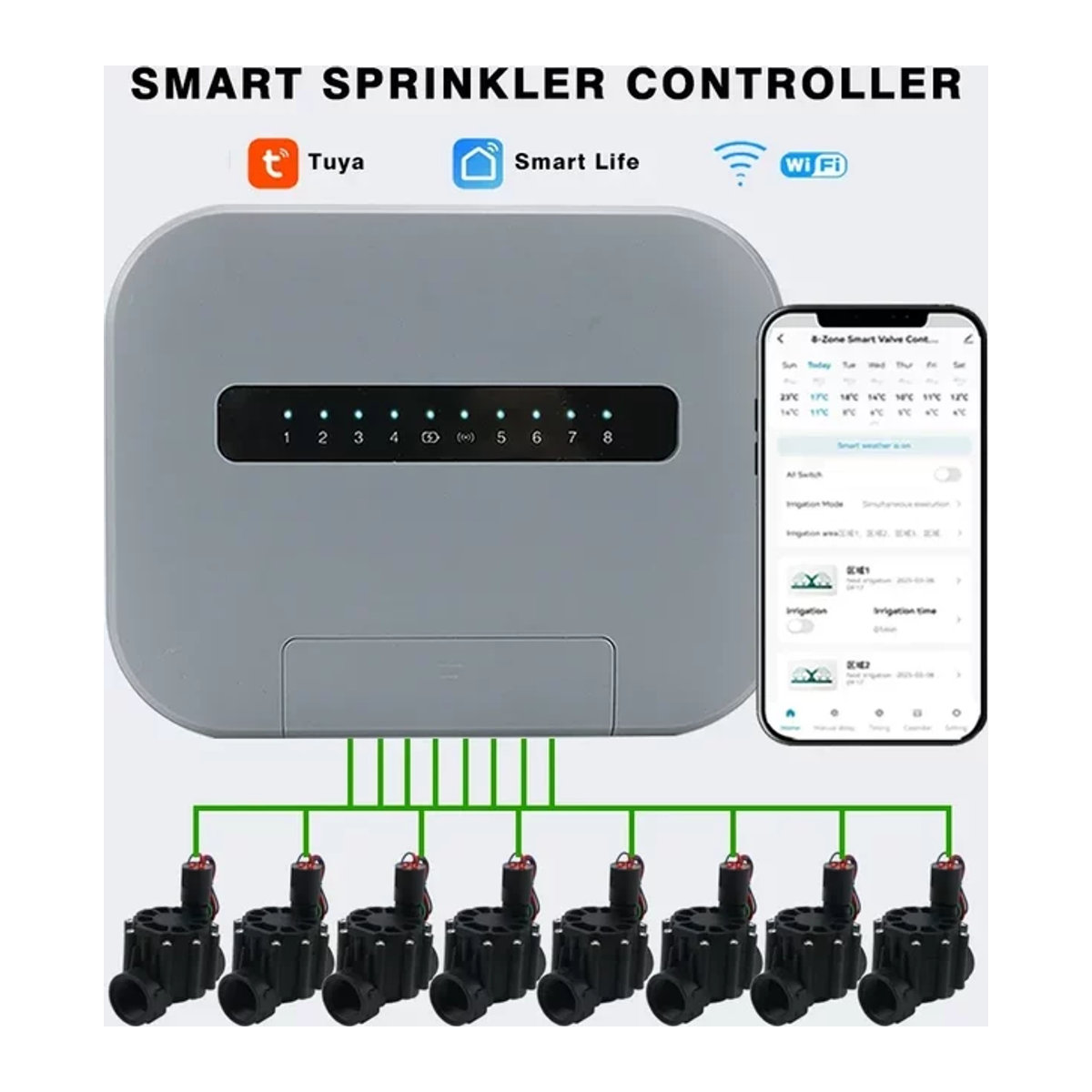 Tuya Smart Sprinkler System WiFi Gartenbewässerungssteuerung mit 6 Zonen, App-gesteuertes Wasserventil und Timer in Weiß - Bild 1