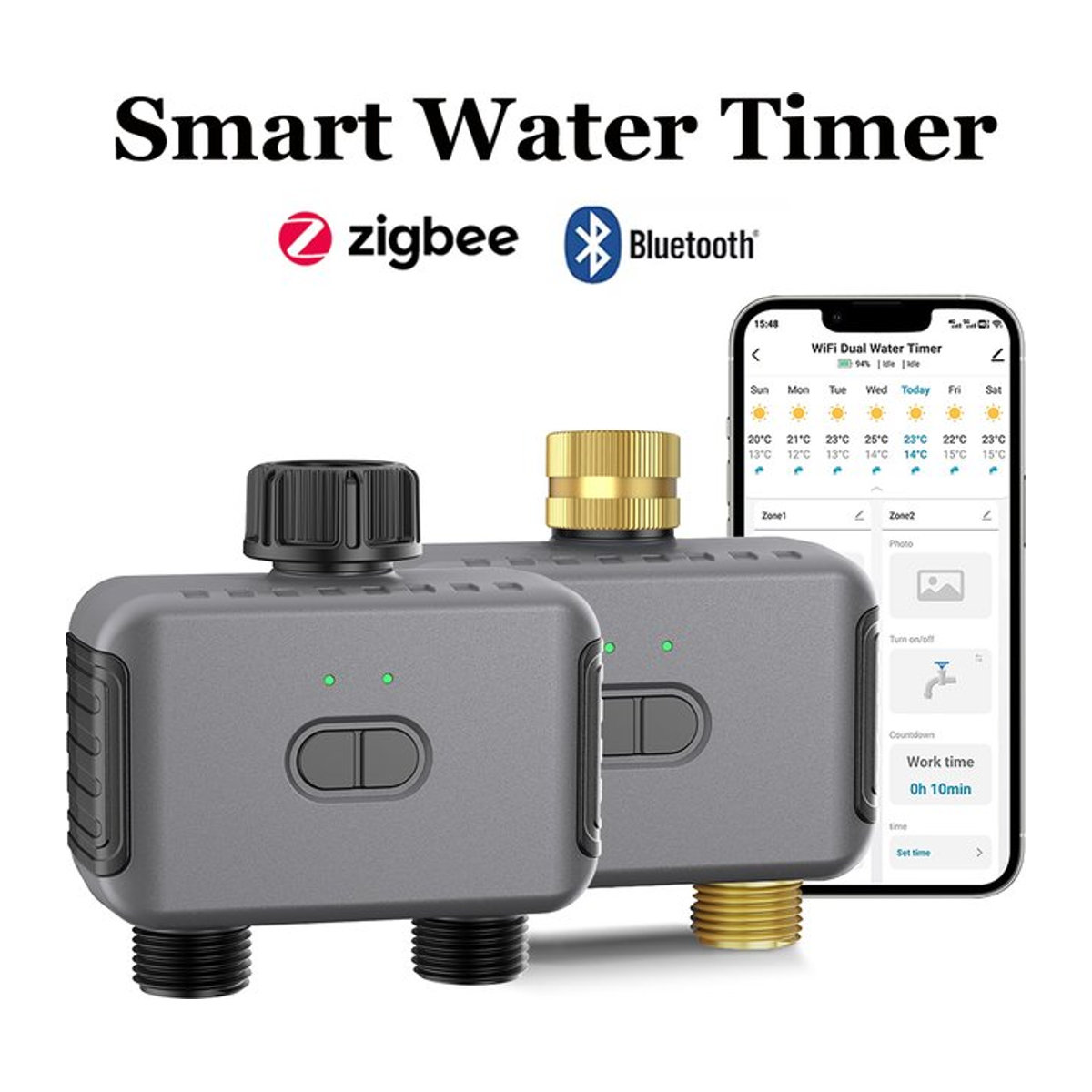 Tuya Smart Wasser Timer mit 2 Auslässen, Automatischer Bewässerungssteuerung via Zigbee oder Bluetooth, Farbe: Grau - Bild 1