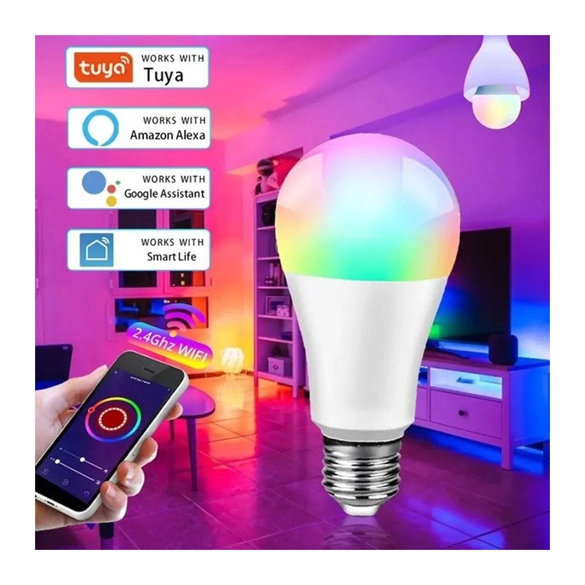 Tuya Smart WiFi E27 LED Glühbirne RGBCW Dimmbar mit App-Steuerung und Kompatibilität für Alexa und Google Home, Bunt - Bild 1