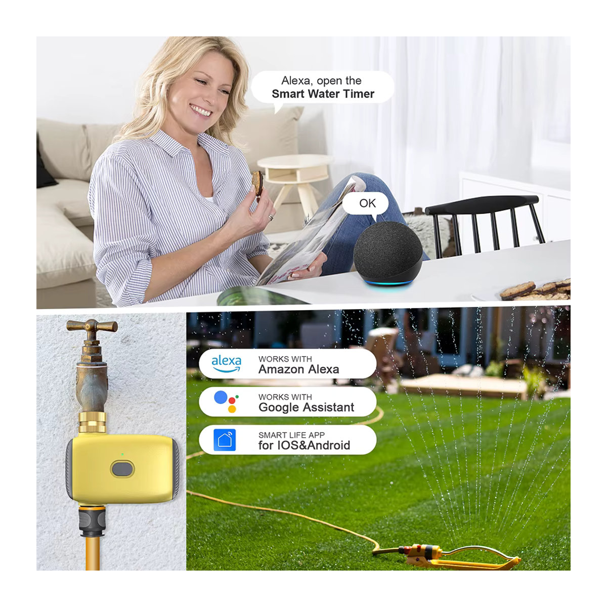 Tuya Smart Zigbee Bewässerungs-Timer JUANJUAN Programmierbares Tropfbewässerungssystem mit App-Steuerung für Alexa und Google Home, Gelb - Bild 2