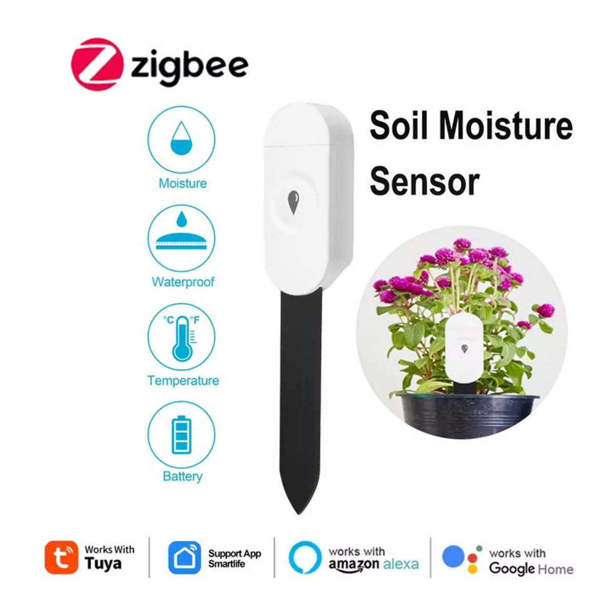 Tuya Smart Zigbee Bodenfeuchtigkeitssensor mit Temperaturmessung für Pflanzen, kompatibel mit Alexa und Google Home - Bild 1