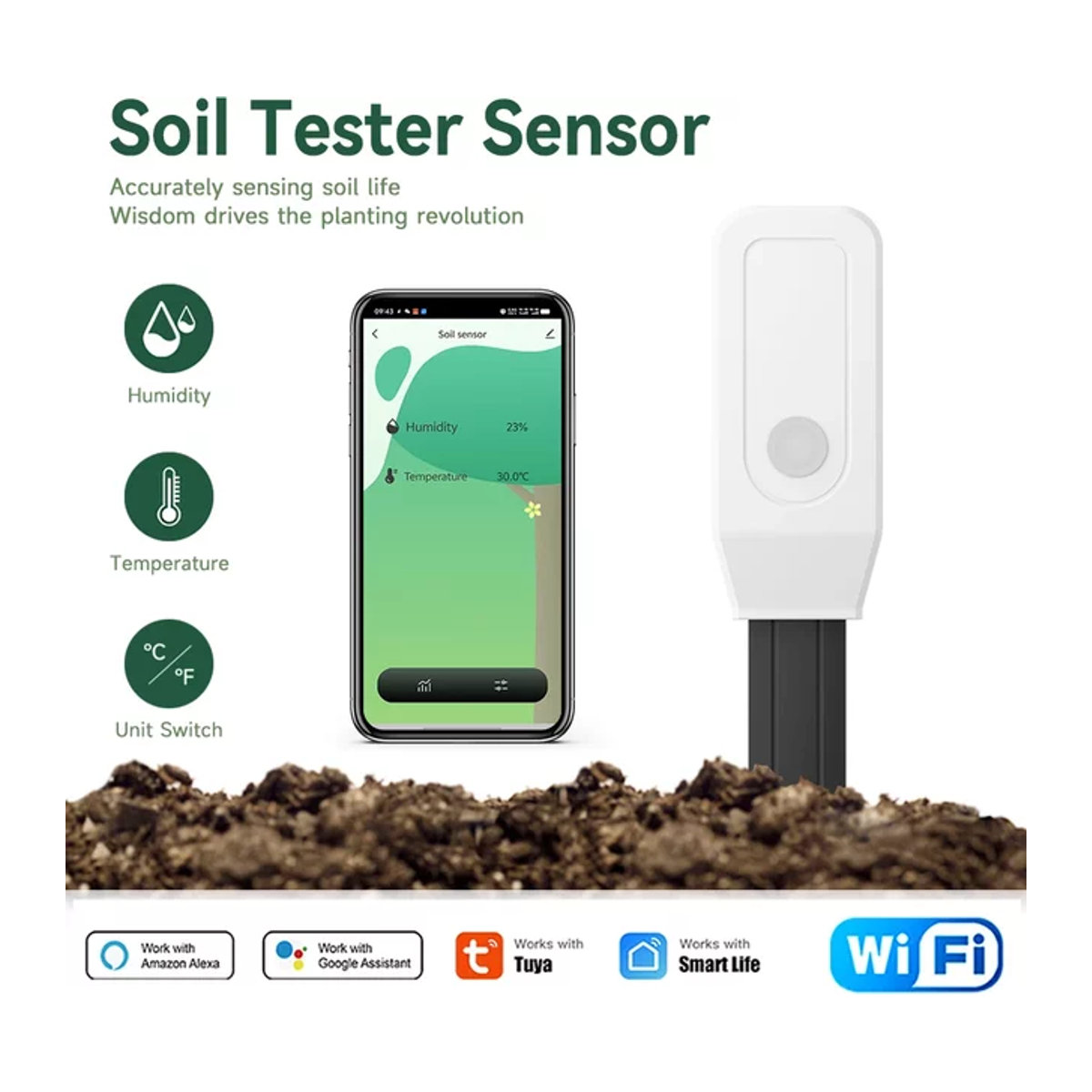 Tuya Wifi Boden-Sensor zur Messung von Feuchtigkeit und Temperatur für Pflanzen, Garten und Rasen - Bild 1