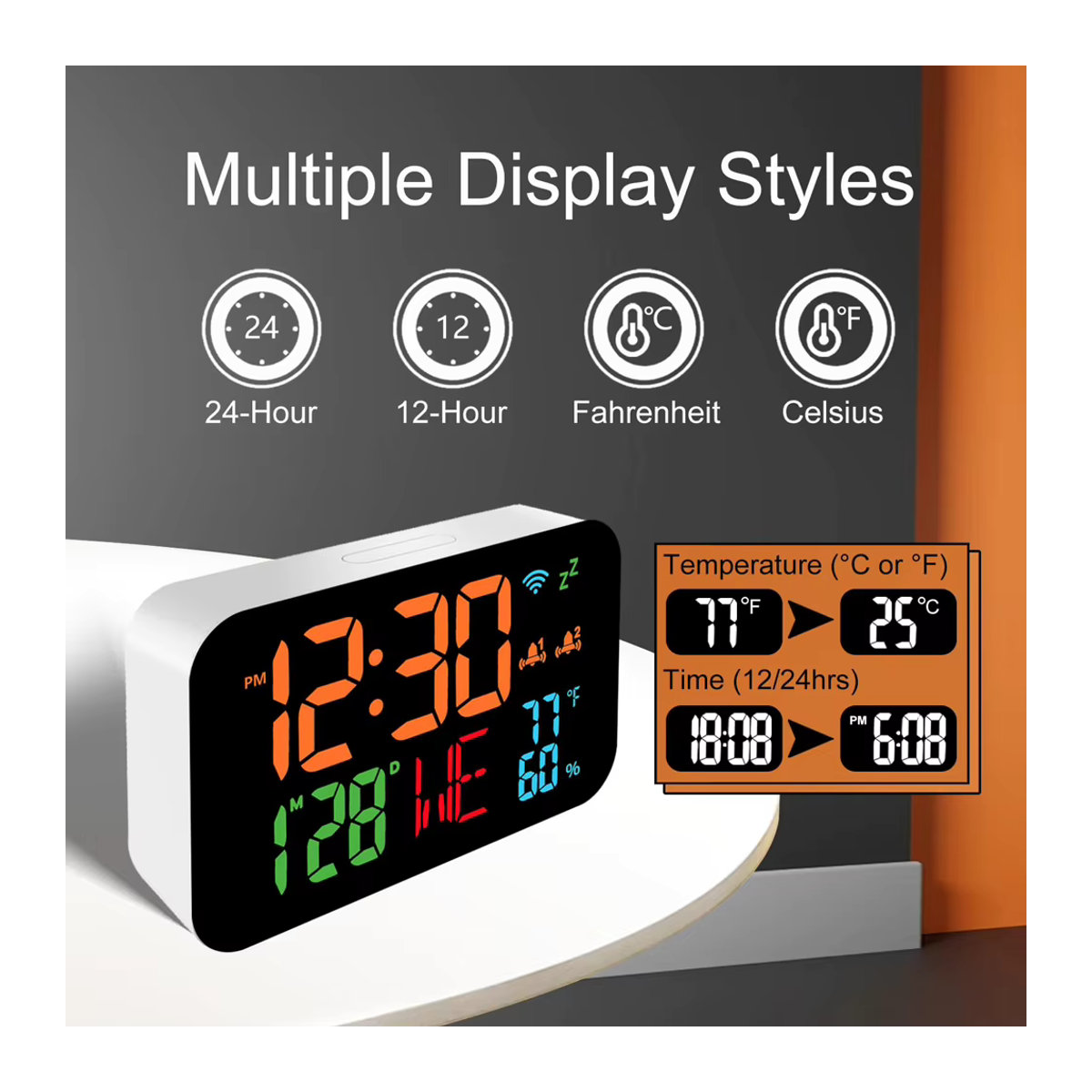 Tuya WiFi Desktop Uhr mit Kalender, intelligentes Thermometer und Hygrometer, Digital LED Display, weiß - Bild 2