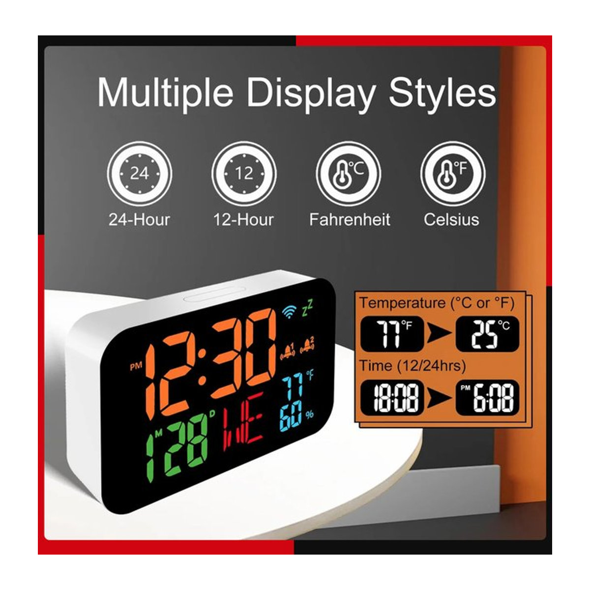 Tuya WiFi Desktop Uhr mit Kalender, intelligentes Thermometer und Hygrometer, digitales LED Display, Weiß - Bild 1