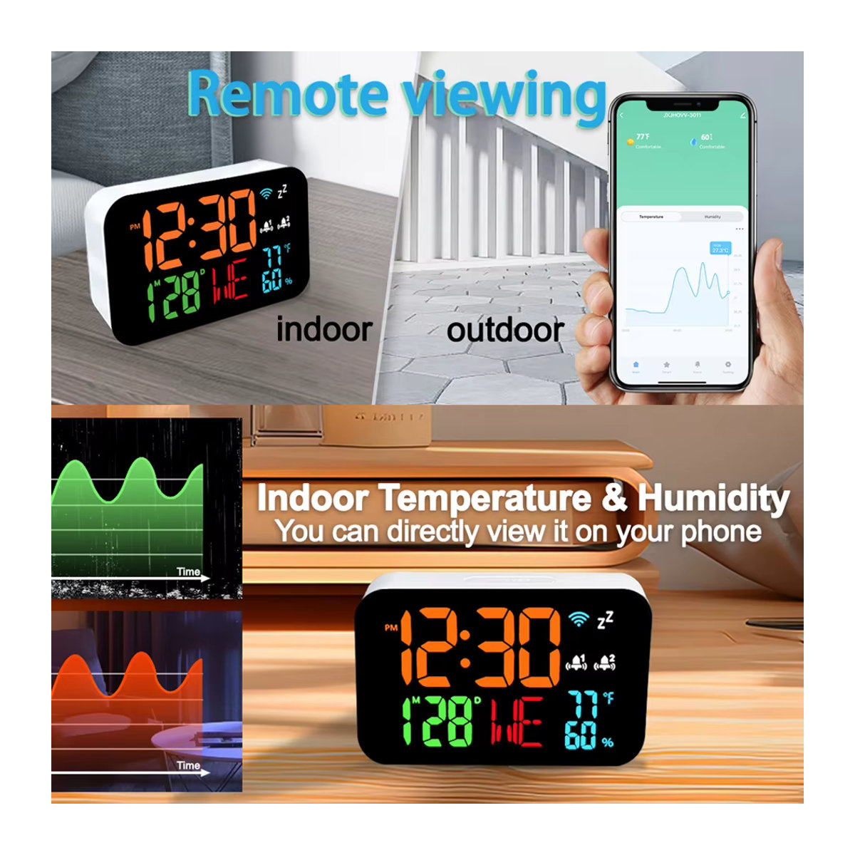 Tuya WiFi Desktop Uhr mit Kalender, intelligentes Thermometer und Hygrometer, digitales LED Display, Weiß - Bild 4