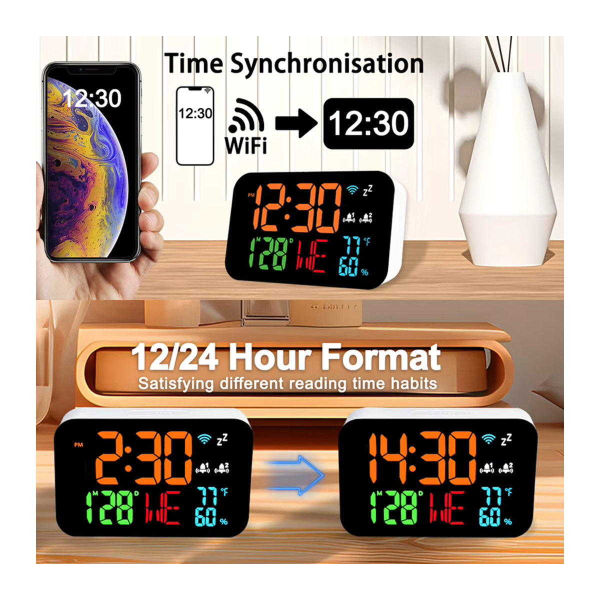 Tuya WiFi Desktop Uhr mit Kalender, intelligentes Thermometer und Hygrometer, digitales LED Display, Weiß - Bild 6