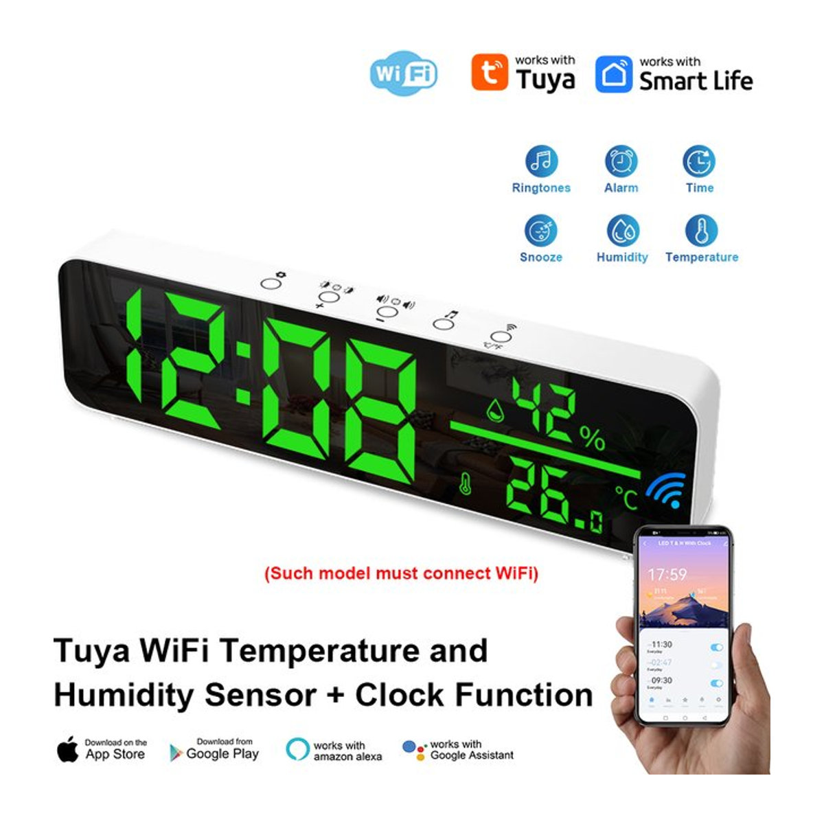 Tuya Wifi LED-Spiegeluhr mit Temperatur- und Feuchtigkeitssensor sowie Weckfunktion in Weiß - Bild 1