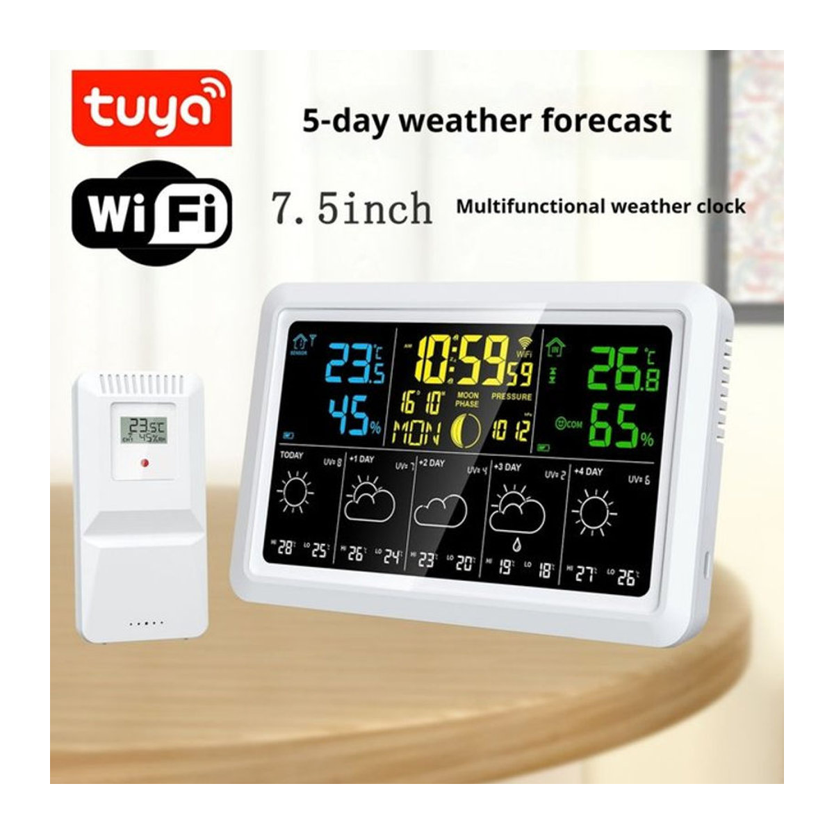 Tuya WIFI Wetteruhr mit Wettervorhersage, Thermometer, Hygrometer, Mondphase und atmosphärischem Druck in Weiß - Bild 1