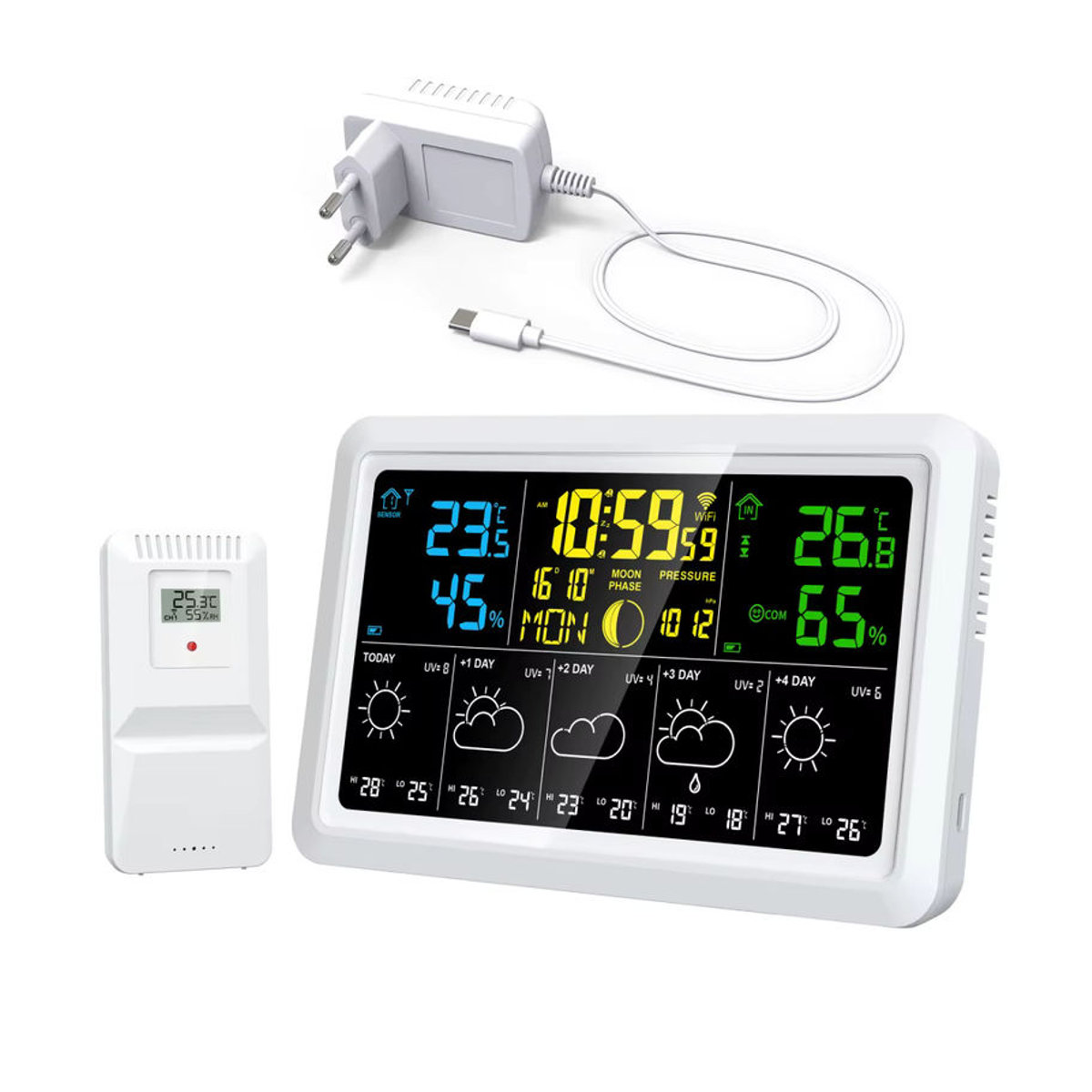 Tuya WIFI Wetteruhr mit Wettervorhersage, Thermometer, Hygrometer, Mondphase und atmosphärischem Druck in Weiß - Bild 2