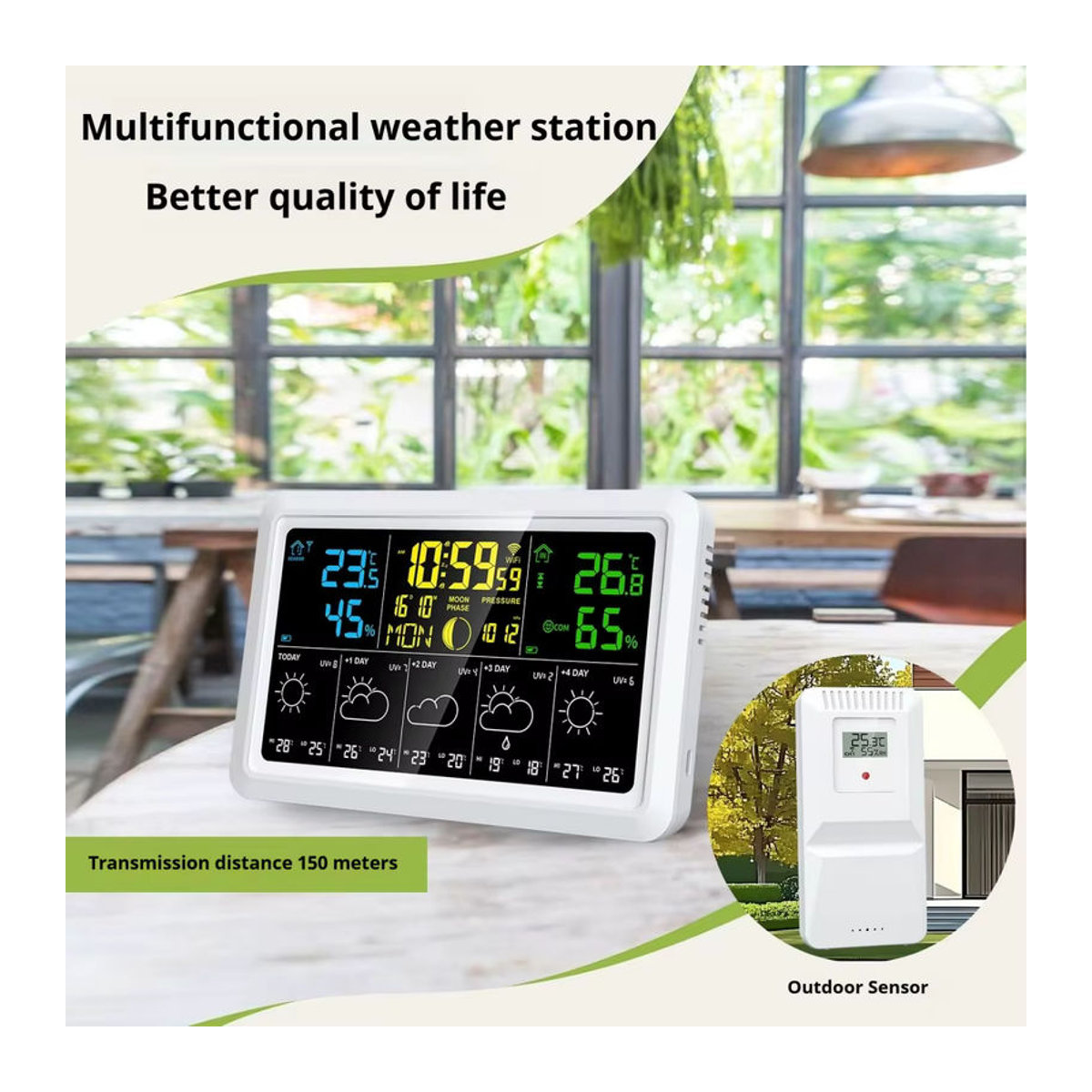 Tuya WIFI Wetteruhr mit Wettervorhersage, Thermometer, Hygrometer, Mondphase und atmosphärischem Druck in Weiß - Bild 3
