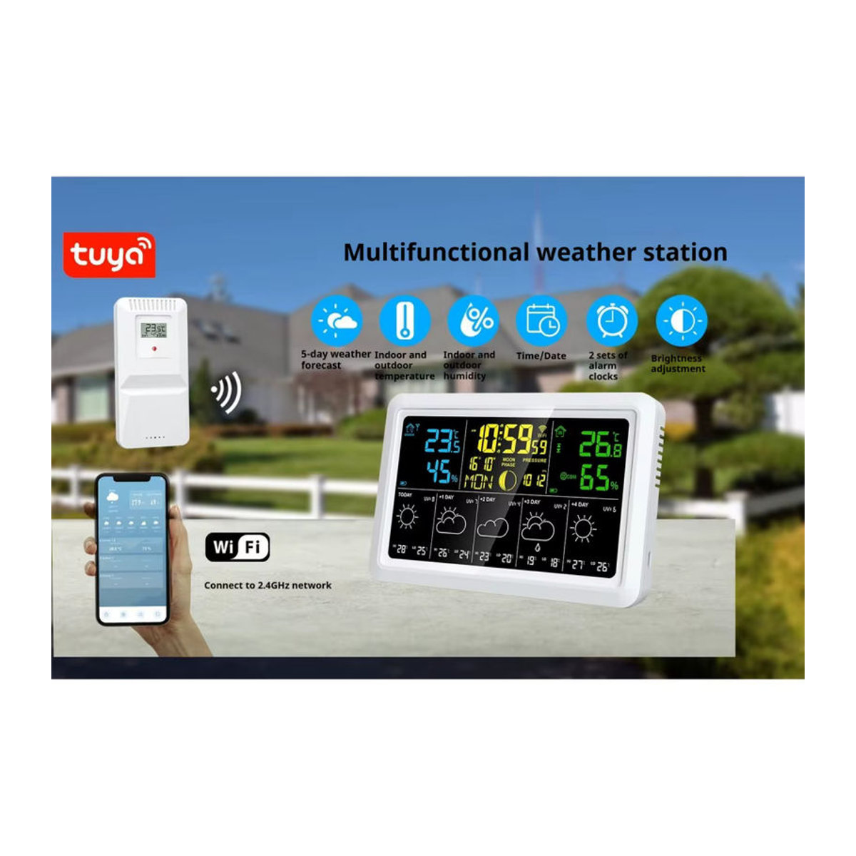 Tuya WIFI Wetteruhr mit Wettervorhersage, Thermometer, Hygrometer, Mondphase und atmosphärischem Druck in Weiß - Bild 5