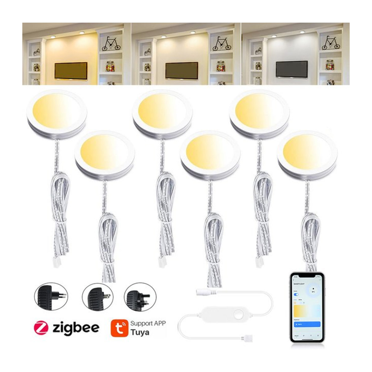 Tuya Zigbee CCT LED Möbelbeleuchtung in Weiß für Schrank, Vitrine und Kleiderschrank, kompatibel mit Google Assistant und Alexa - Bild 1