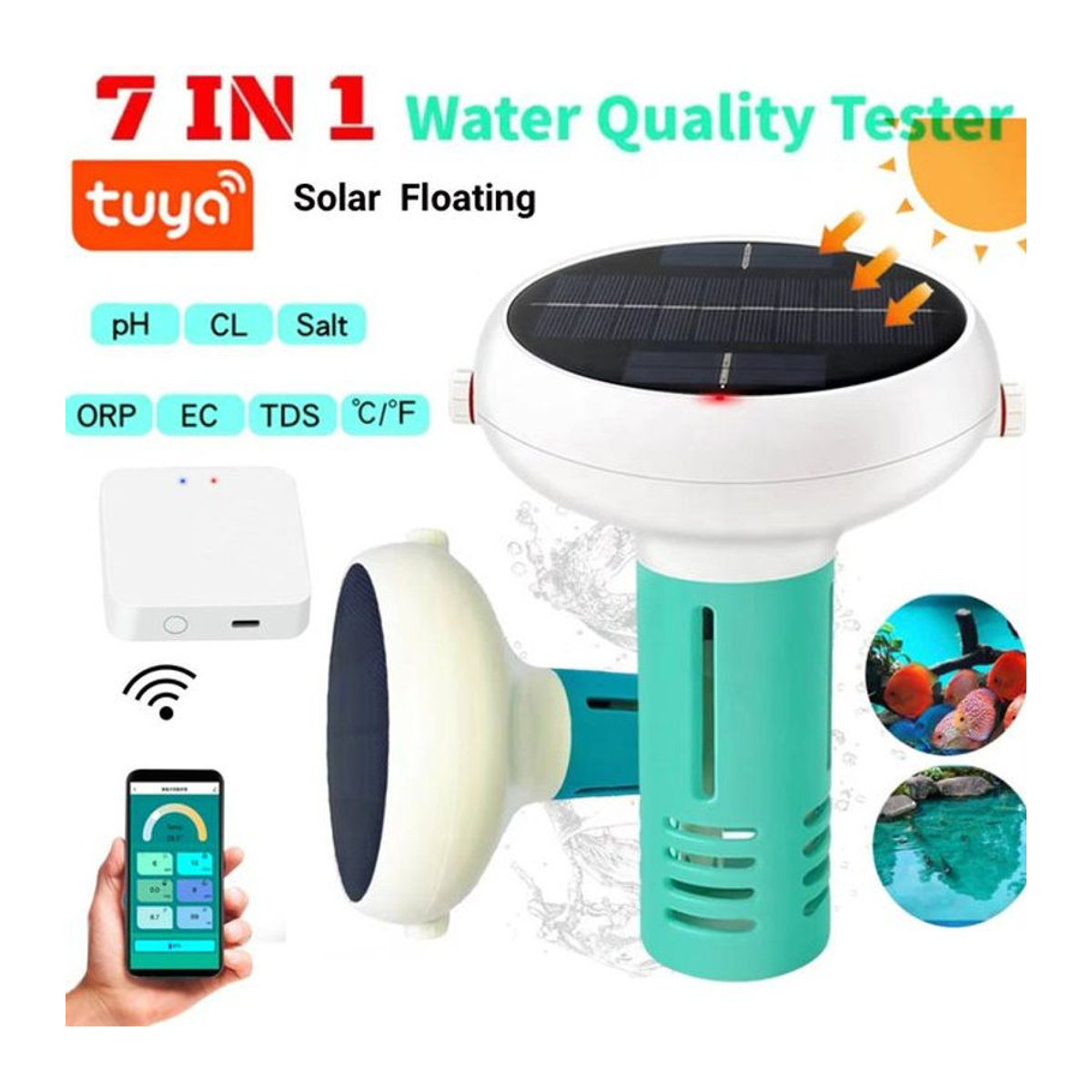 Tuya ZigBee Solarbetriebenes 7-in-1 Smart-Chlormessgerät zur Messung von Chlor, pH, TDS, EC, ORP, Salzgehalt und Temperatur in Bunt - Bild 1