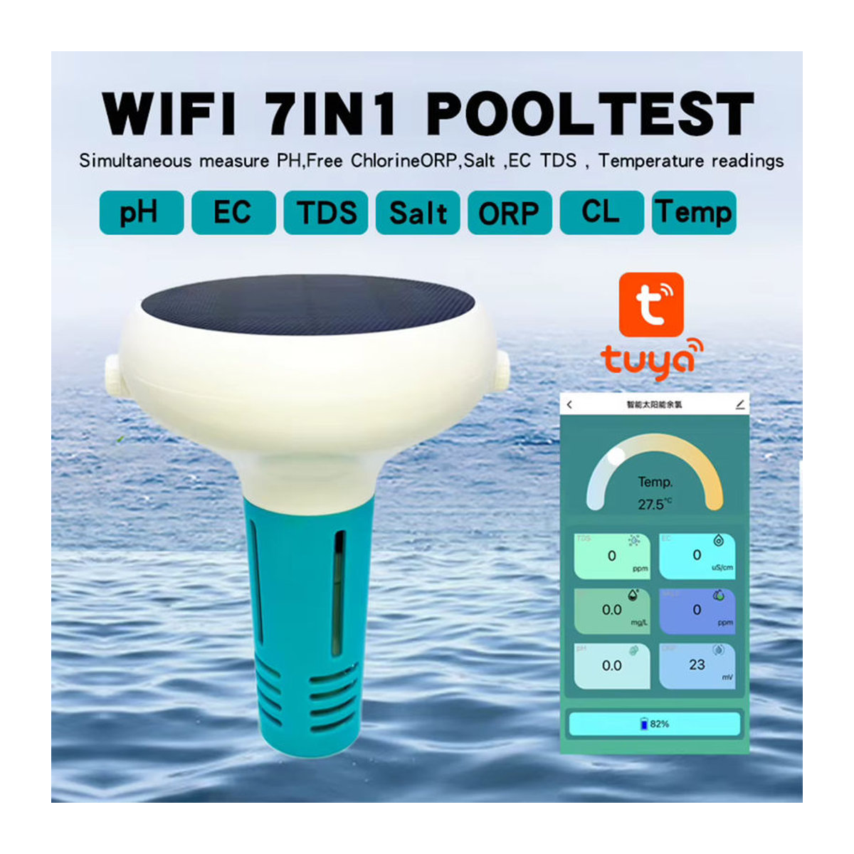 Tuya ZigBee Solarbetriebenes 7-in-1 Smart-Chlormessgerät zur Messung von Chlor, pH, TDS, EC, ORP, Salzgehalt und Temperatur in Bunt - Bild 2