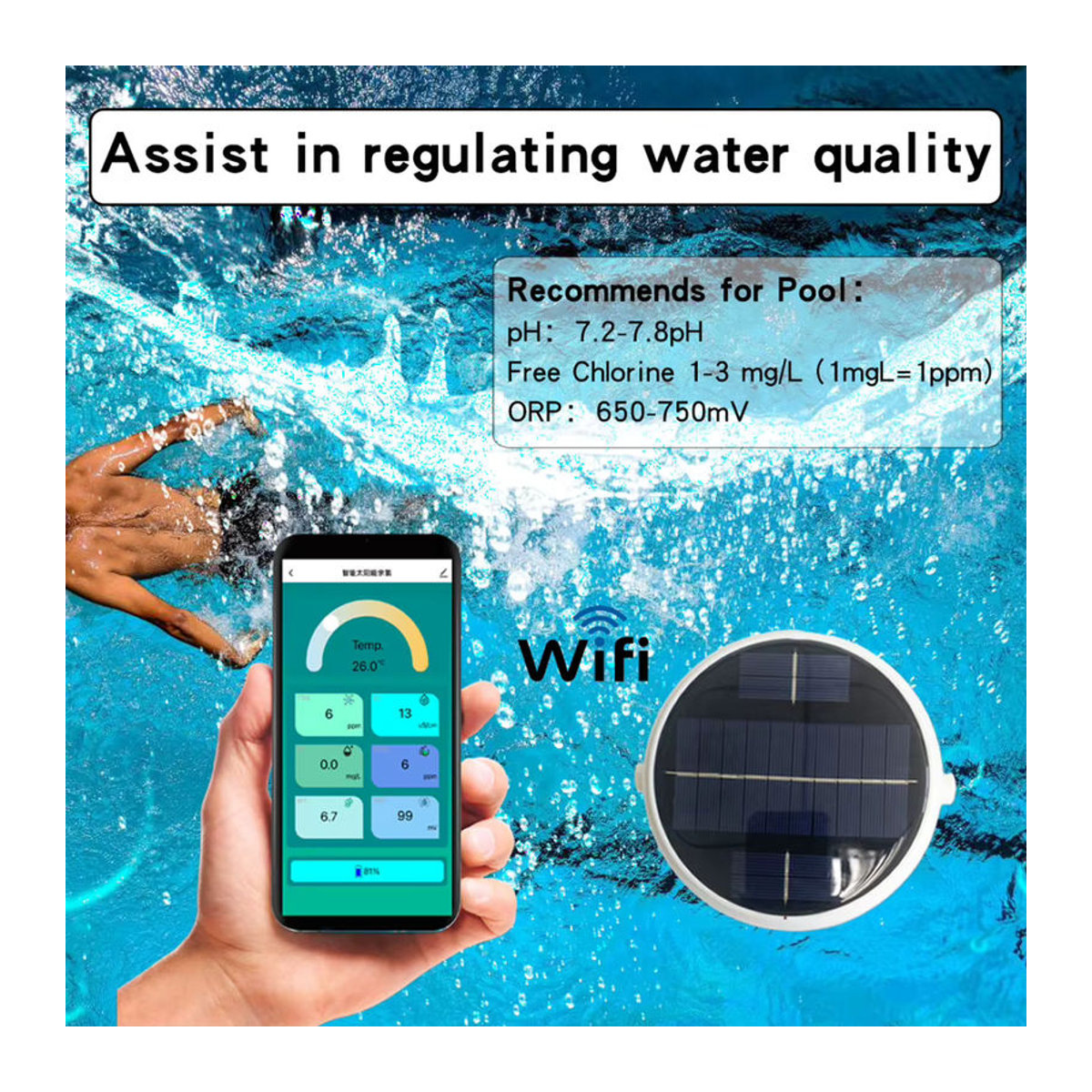 Tuya ZigBee Solarbetriebenes 7-in-1 Smart-Chlormessgerät zur Messung von Chlor, pH, TDS, EC, ORP, Salzgehalt und Temperatur in Bunt - Bild 3